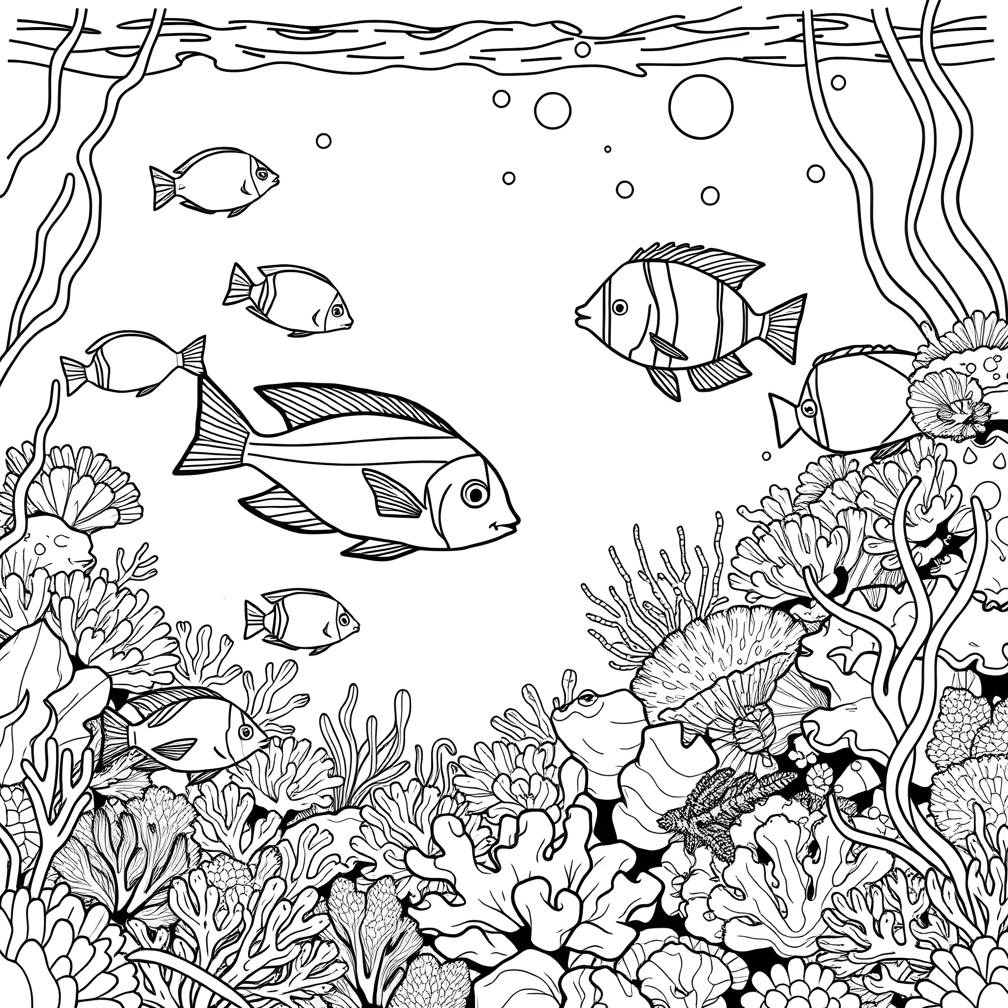 Fish swimming among vibrant coral reefs Coloring Page (free black-and-white line drawing printable PDF for all, from beginners to advanced learners, including children, teens, adults, and seniors)