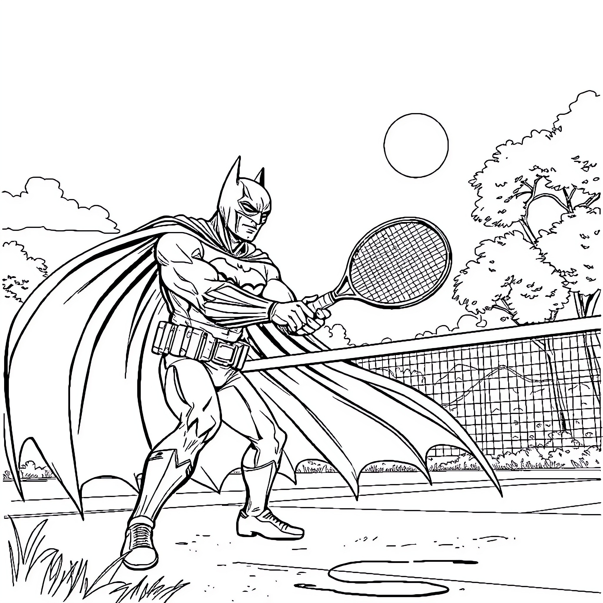 Batman playing tennis in the park Coloring Page (free black-and-white line drawing printable PDF for all, from beginners to advanced learners, including children, teens, adults, and seniors)