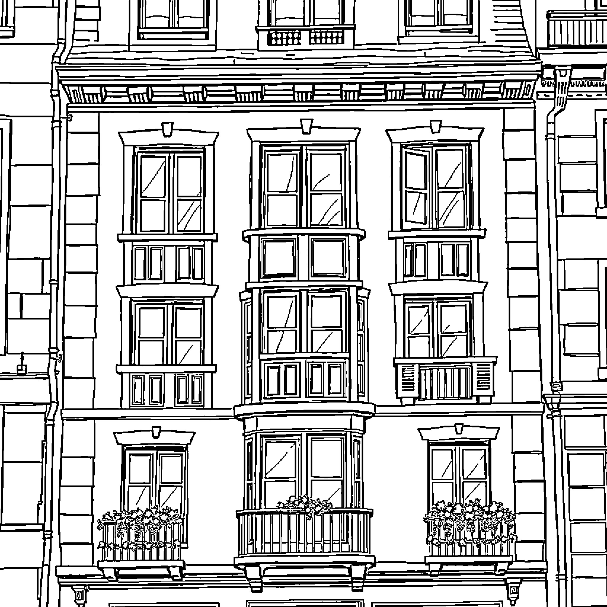Immeuble with ornate architectural details Coloring Page (free black-and-white line drawing printable PDF for all, from beginners to advanced learners, including children, teens, adults, and seniors)