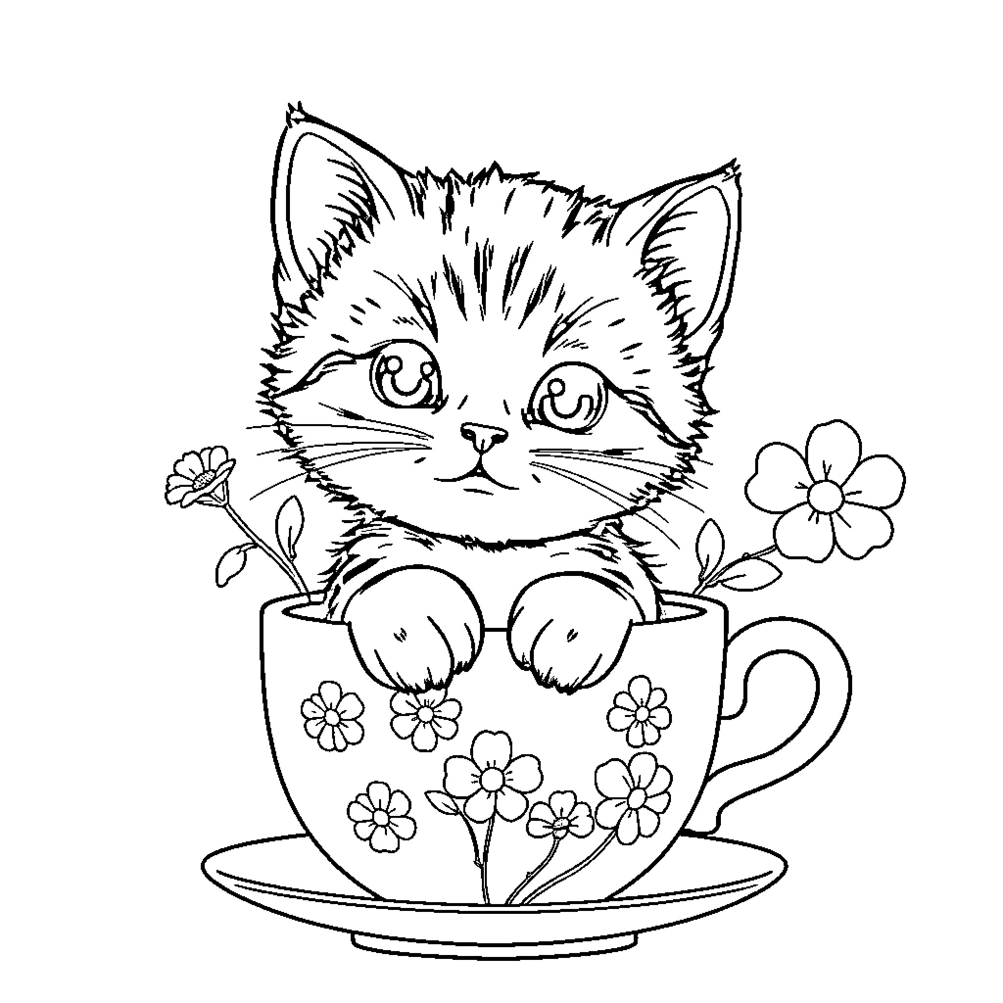 Chibi Cat in Floral Teacup Coloring Page (free black-and-white line drawing printable PDF for all, from beginners to advanced learners, including children, teens, adults, and seniors)