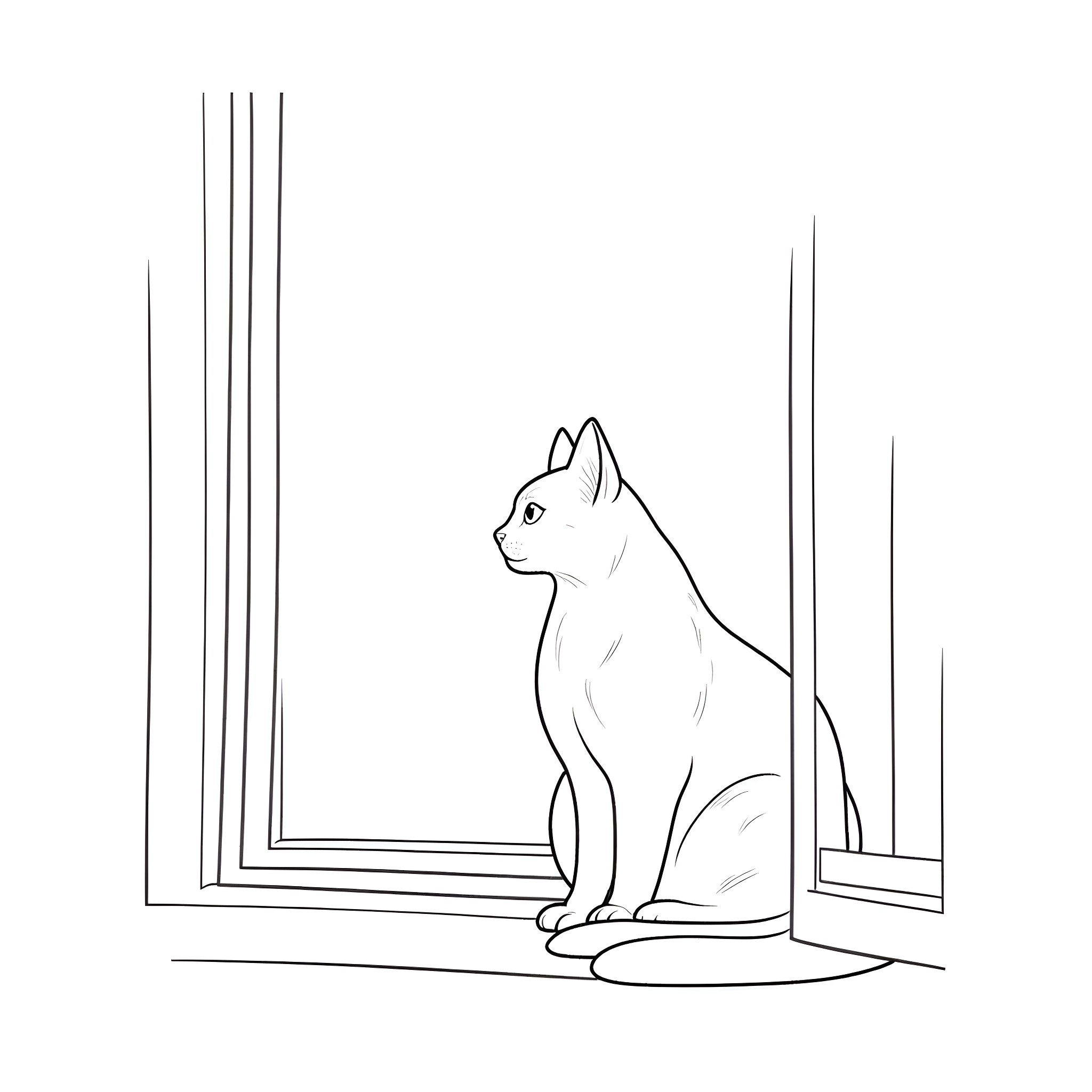 Cat gazing out the window Coloring Page (free black-and-white line drawing printable PDF for all, from beginners to advanced learners, including children, teens, adults, and seniors)