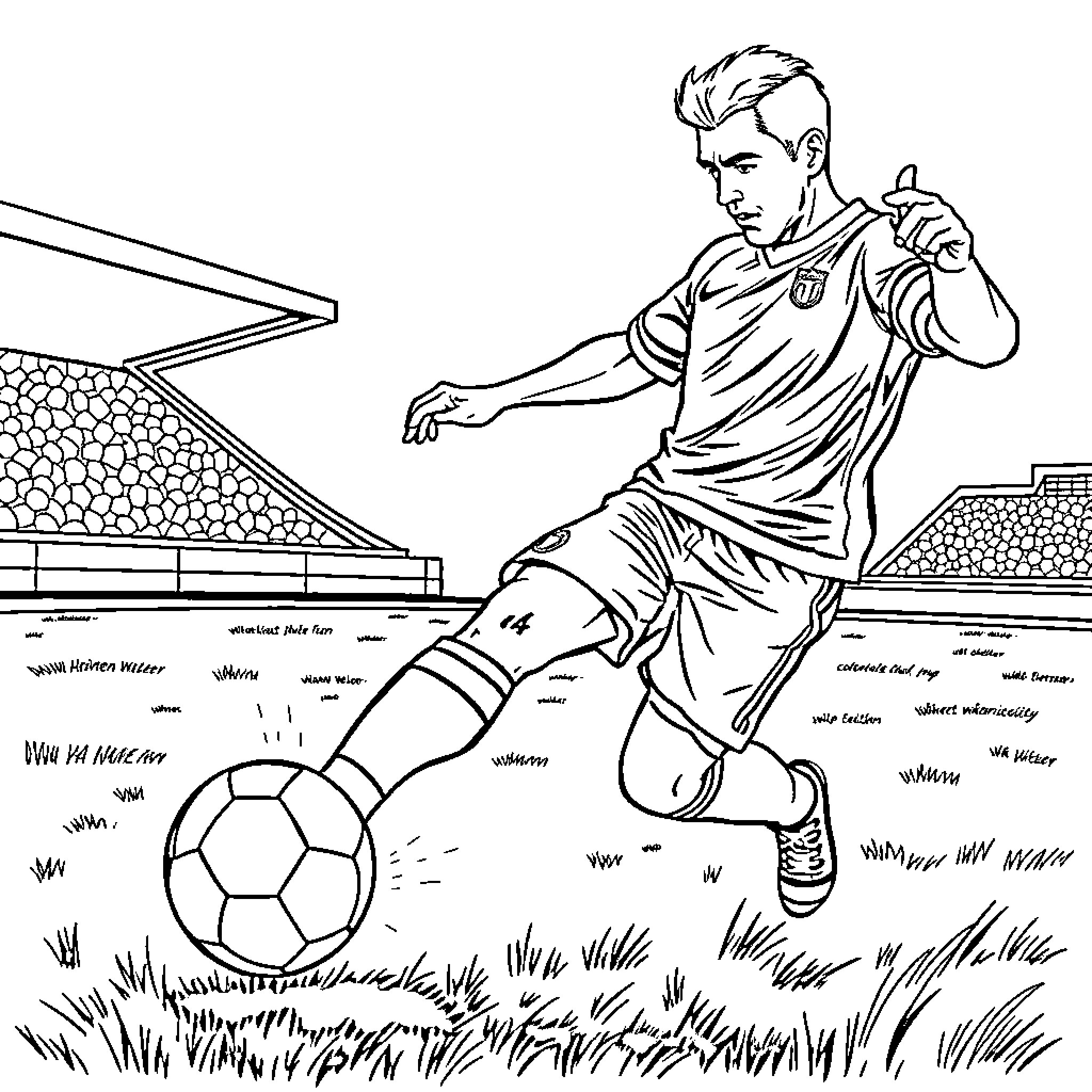 Footballer kicking ball on soccer field Coloring Page (free black-and-white line drawing printable PDF for all, from beginners to advanced learners, including children, teens, adults, and seniors)