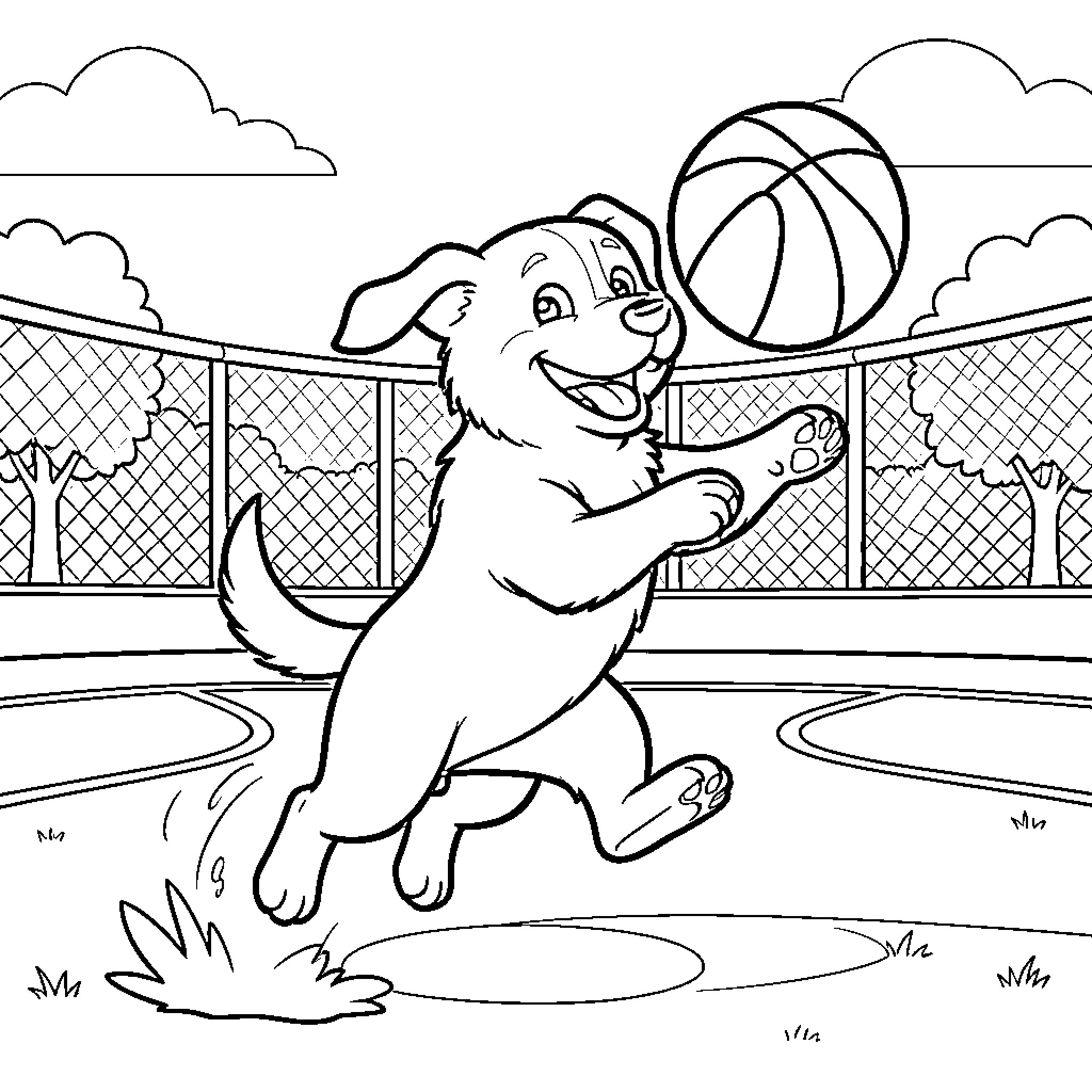 Dog playing with basketball on sports court Coloring Page (free black-and-white line drawing printable PDF for all, from beginners to advanced learners, including children, teens, adults, and seniors)