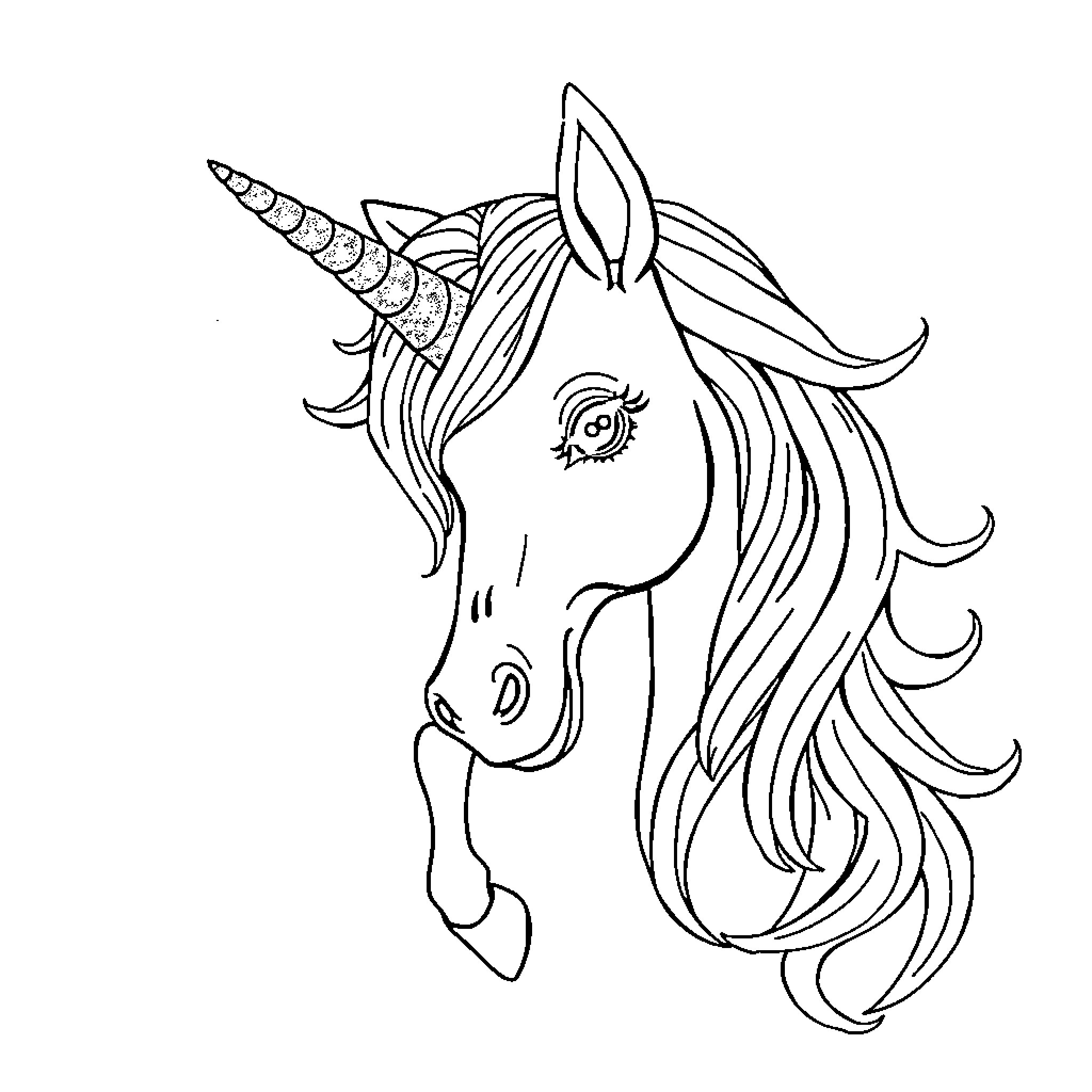 Unicorn with flowing mane and horn Coloring Page (free black-and-white line drawing printable PDF for all, from beginners to advanced learners, including children, teens, adults, and seniors)