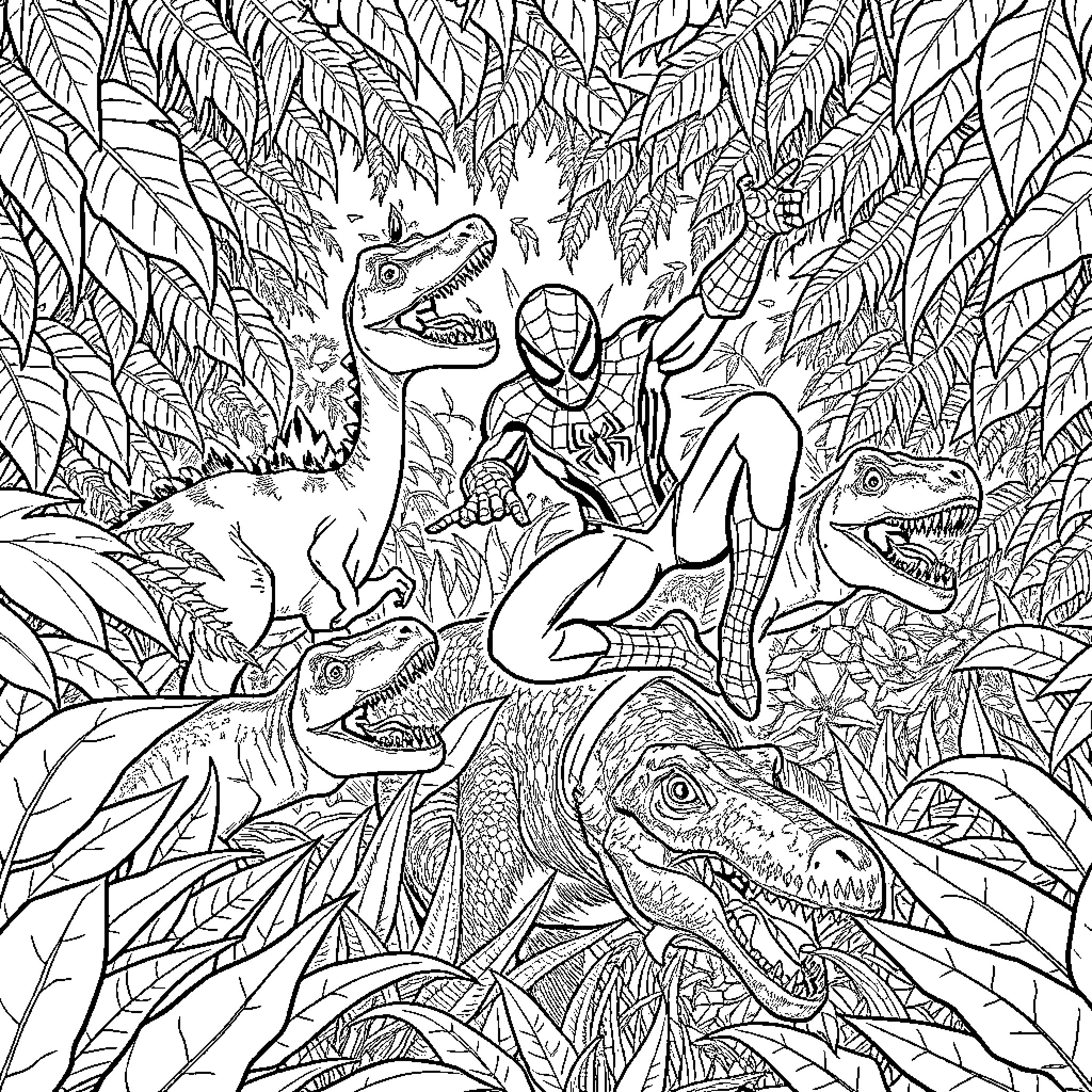 Superman battles dinosaurs in a lush jungle landscape Coloring Page (free black-and-white line drawing printable PDF for all, from beginners to advanced learners, including children, teens, adults, and seniors)
