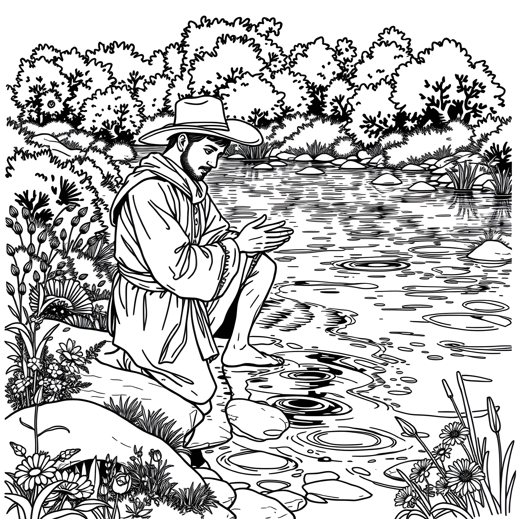 Spaniard standing in the tranquil wilderness near water Coloring Page (free black-and-white line drawing printable PDF for all, from beginners to advanced learners, including children, teens, adults, and seniors)