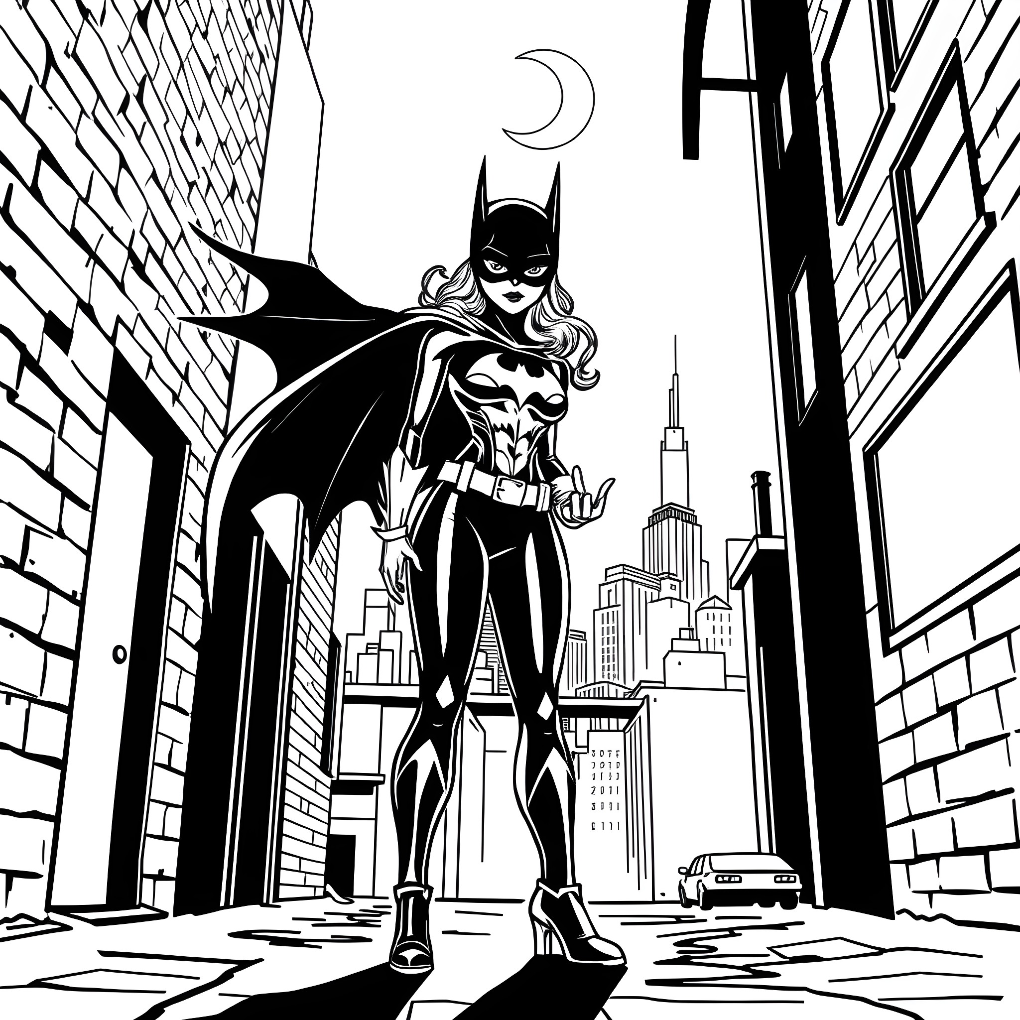 Batgirl Prowling the Gotham City Skyline Coloring Page (free black-and-white line drawing printable PDF for all, from beginners to advanced learners, including children, teens, adults, and seniors)