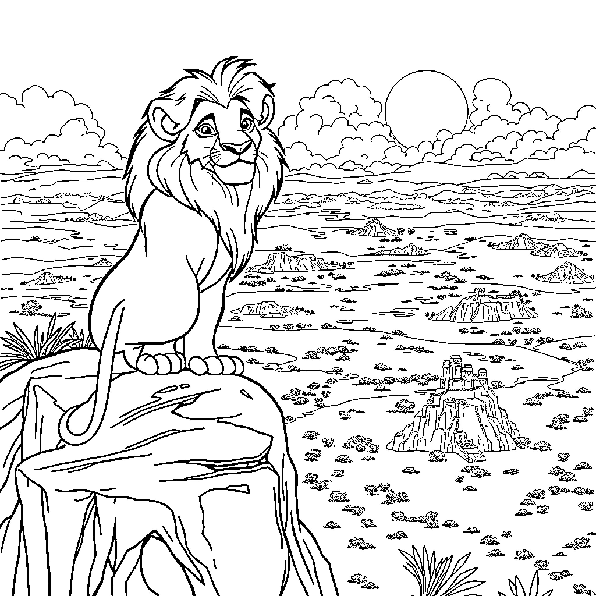 Simba surveys his kingdom in the savanna Coloring Page (free black-and-white line drawing printable PDF for all, from beginners to advanced learners, including children, teens, adults, and seniors)