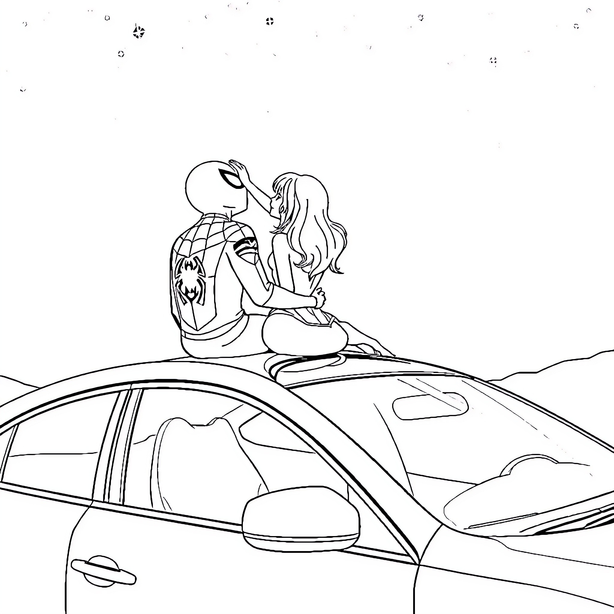 Spiderman assisting a woman on the car roof Coloring Page (free black-and-white line drawing printable PDF for all, from beginners to advanced learners, including children, teens, adults, and seniors)