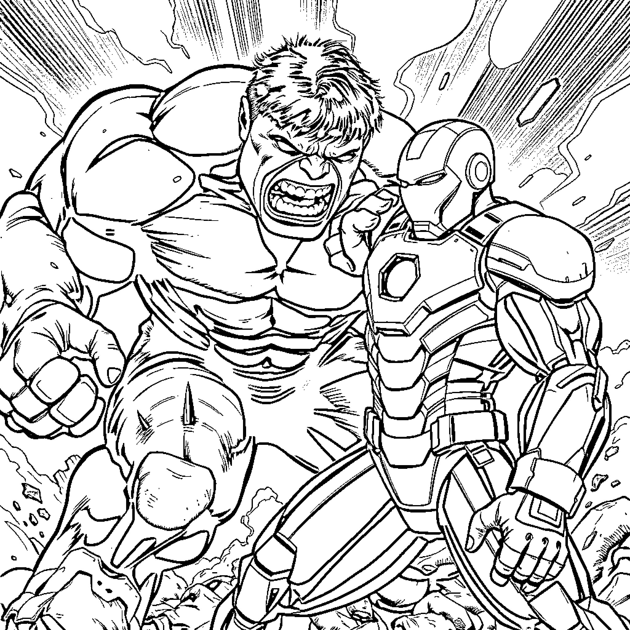 Hulk Smashing Through Destruction in Iron Man's Suit Coloring Page (free black-and-white line drawing printable PDF for all, from beginners to advanced learners, including children, teens, adults, and seniors)