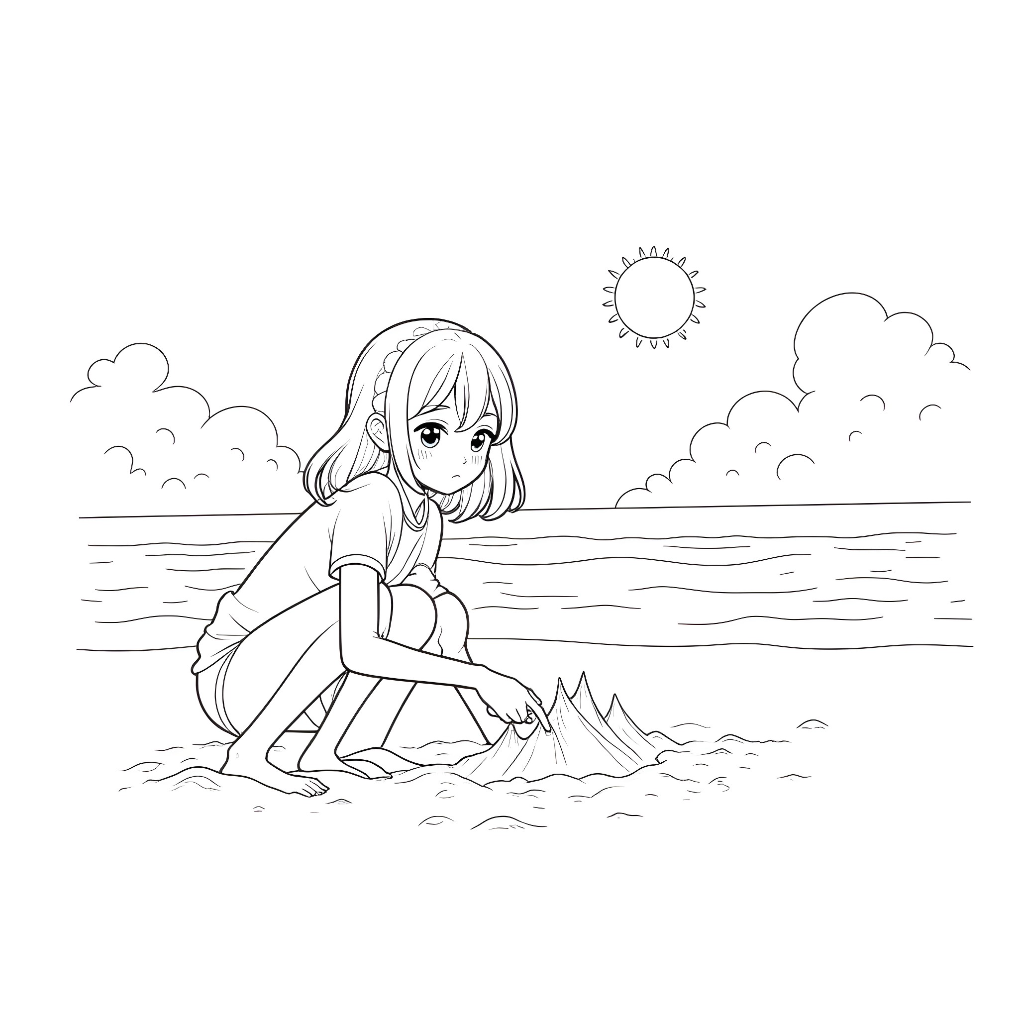 Anime Girl Playing in the Waves on the Beach Coloring Page (free black-and-white line drawing printable PDF for all, from beginners to advanced learners, including children, teens, adults, and seniors)