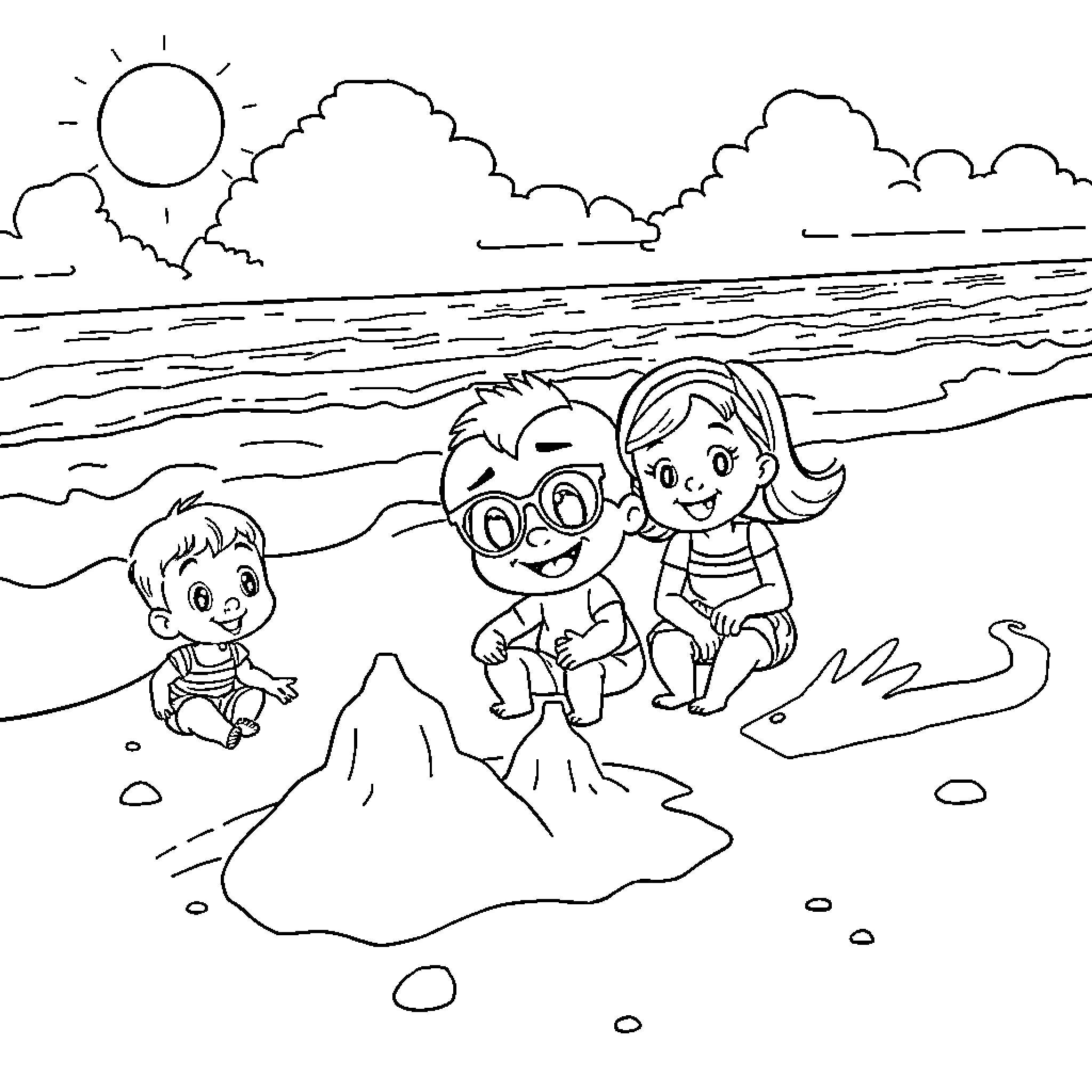Louie and Friends Enjoy a Beach Day Coloring Page (free black-and-white line drawing printable PDF for all, from beginners to advanced learners, including children, teens, adults, and seniors)