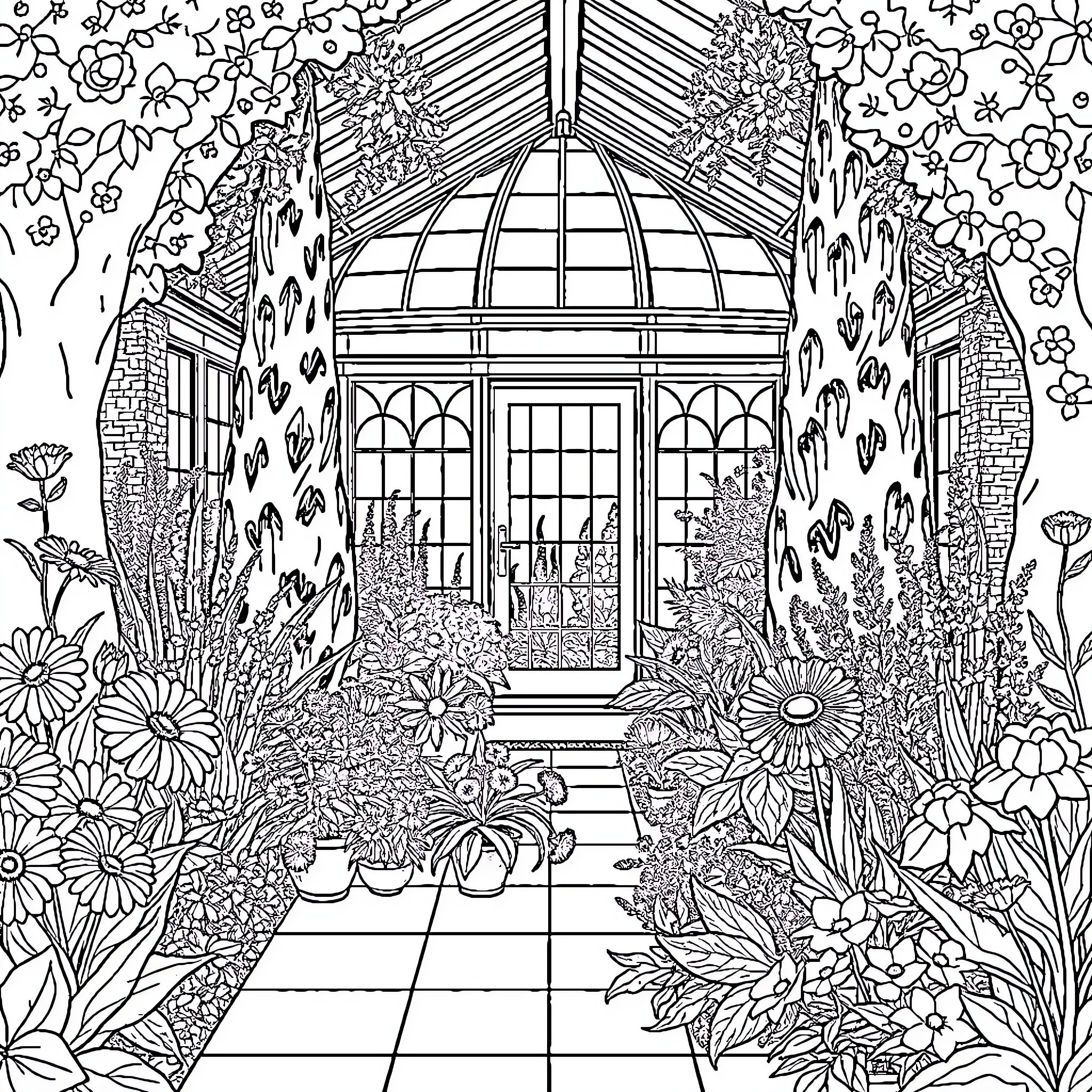 Garden Greenhouse Filled with Blooming Flowers Coloring Page (free black-and-white line drawing printable PDF for all, from beginners to advanced learners, including children, teens, adults, and seniors)