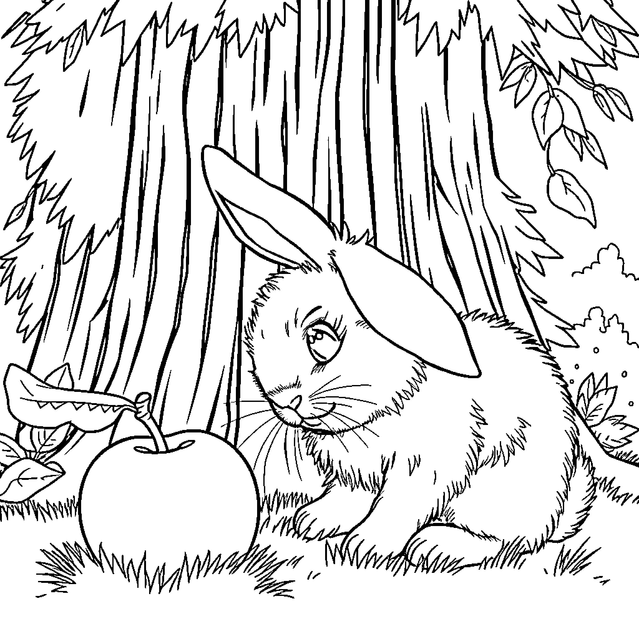 Rabbit nibbling on apple in forest Coloring Page (free black-and-white line drawing printable PDF for all, from beginners to advanced learners, including children, teens, adults, and seniors)