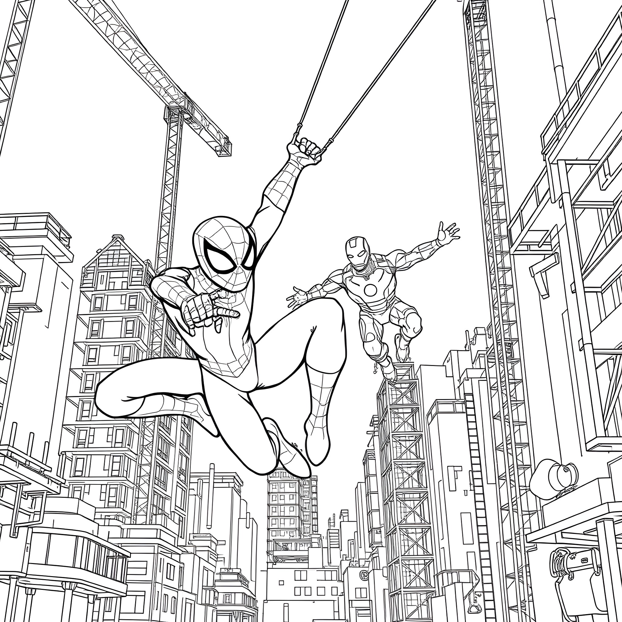 Spider-Man and Iron Man in heroic action in the city Coloring Page (free black-and-white line drawing printable PDF for all, from beginners to advanced learners, including children, teens, adults, and seniors)