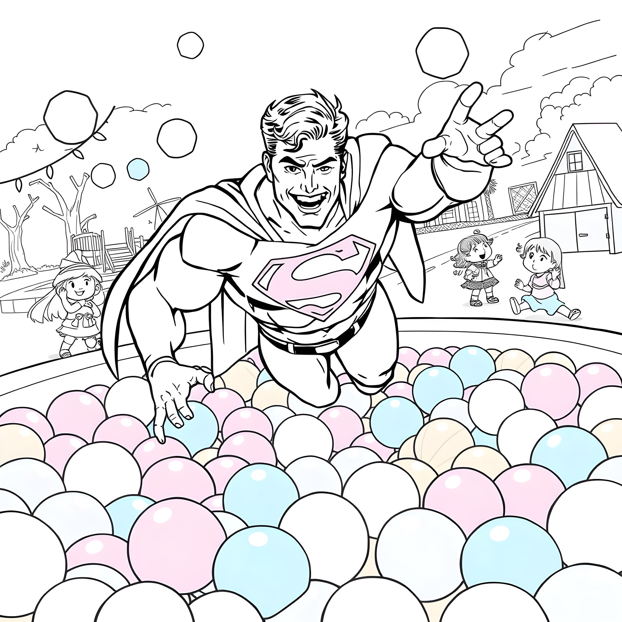 Superman joyfully interacting with children in a colorful playground Coloring Page (free black-and-white line drawing printable PDF for all, from beginners to advanced learners, including children, teens, adults, and seniors)