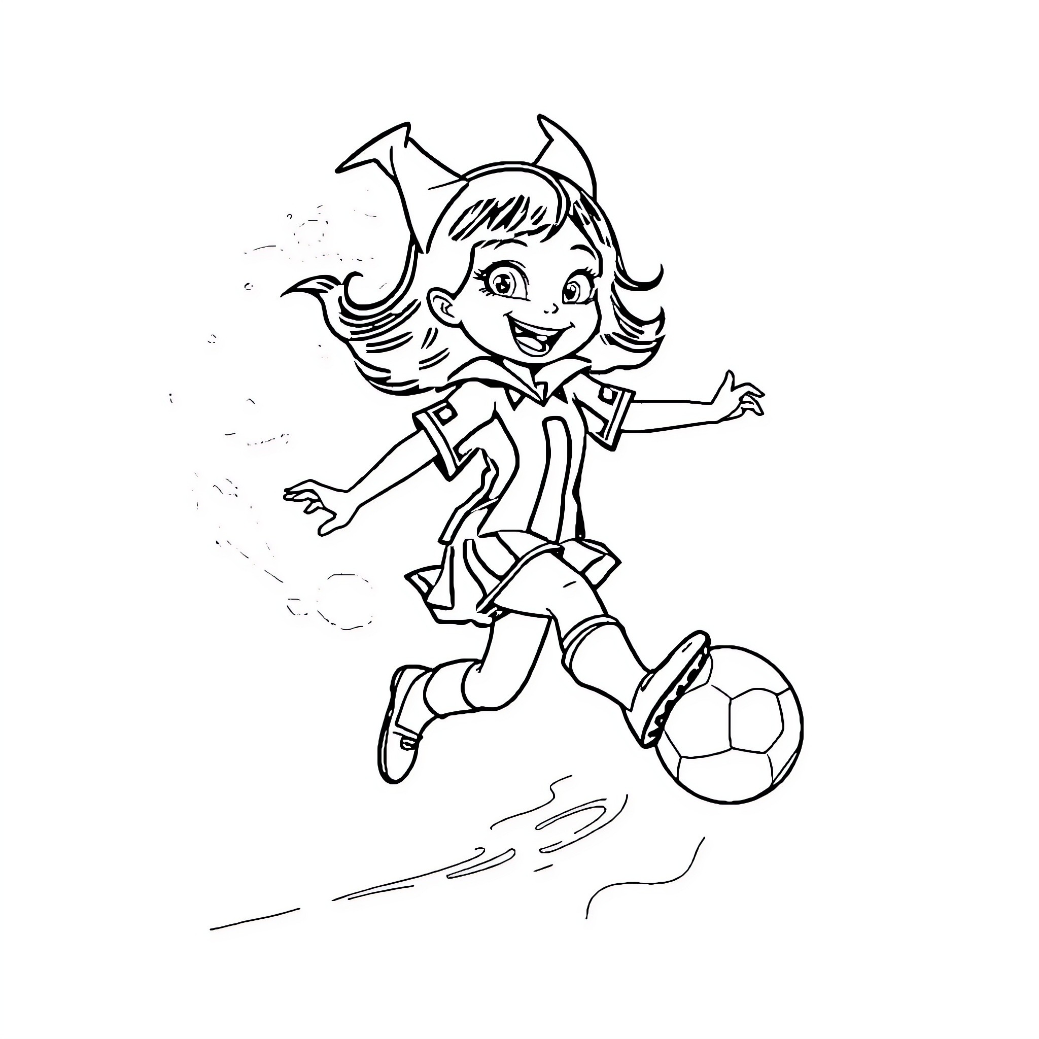 Vampirina playing with a soccer ball Coloring Page (free black-and-white line drawing printable PDF for all, from beginners to advanced learners, including children, teens, adults, and seniors)