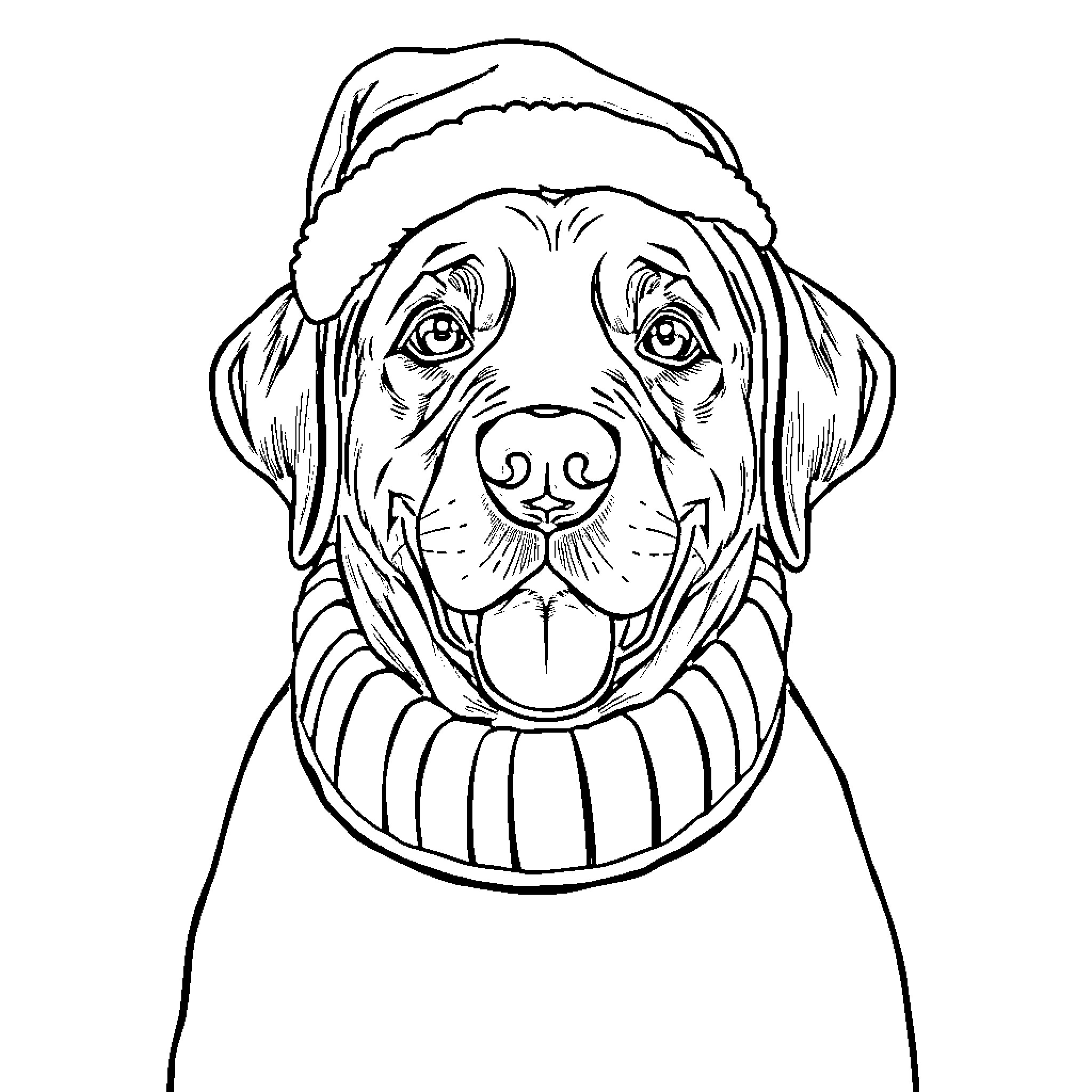 Labrador dog wearing winter hat and scarf Coloring Page (free black-and-white line drawing printable PDF for all, from beginners to advanced learners, including children, teens, adults, and seniors)