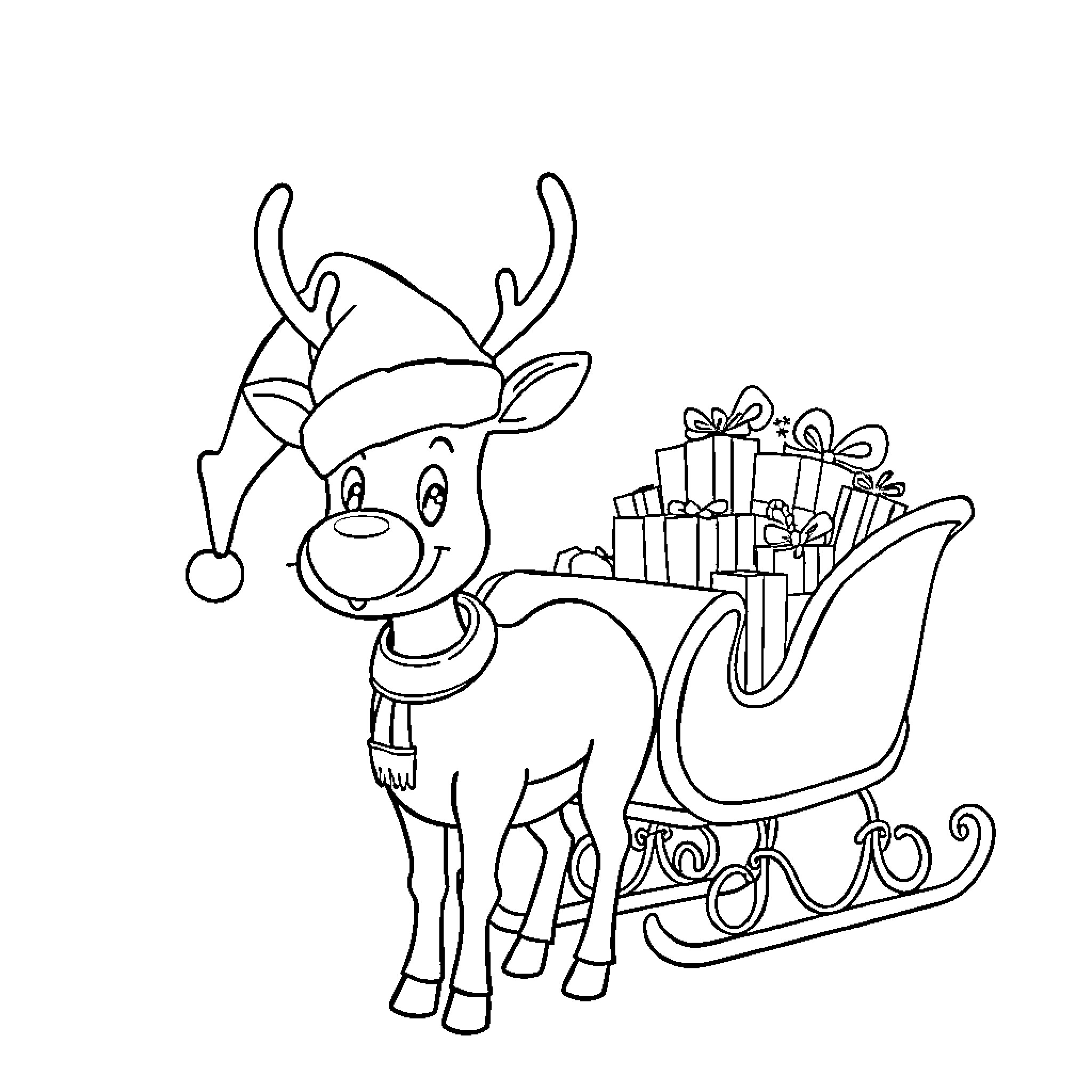 Reindeer delivering gifts in a sleigh Coloring Page (free black-and-white line drawing printable PDF for all, from beginners to advanced learners, including children, teens, adults, and seniors)