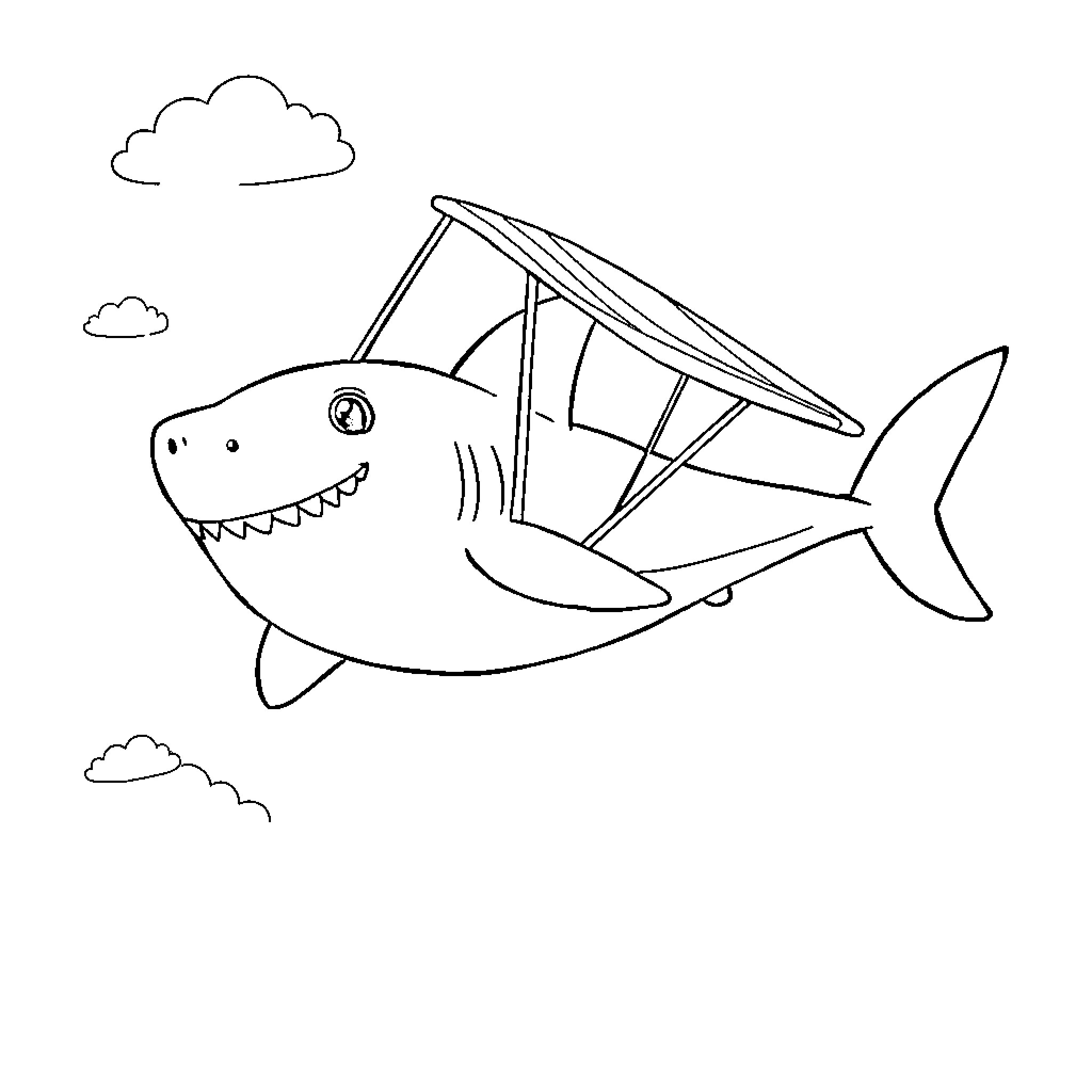 Shark soaring through the clouds Coloring Page (free black-and-white line drawing printable PDF for all, from beginners to advanced learners, including children, teens, adults, and seniors)