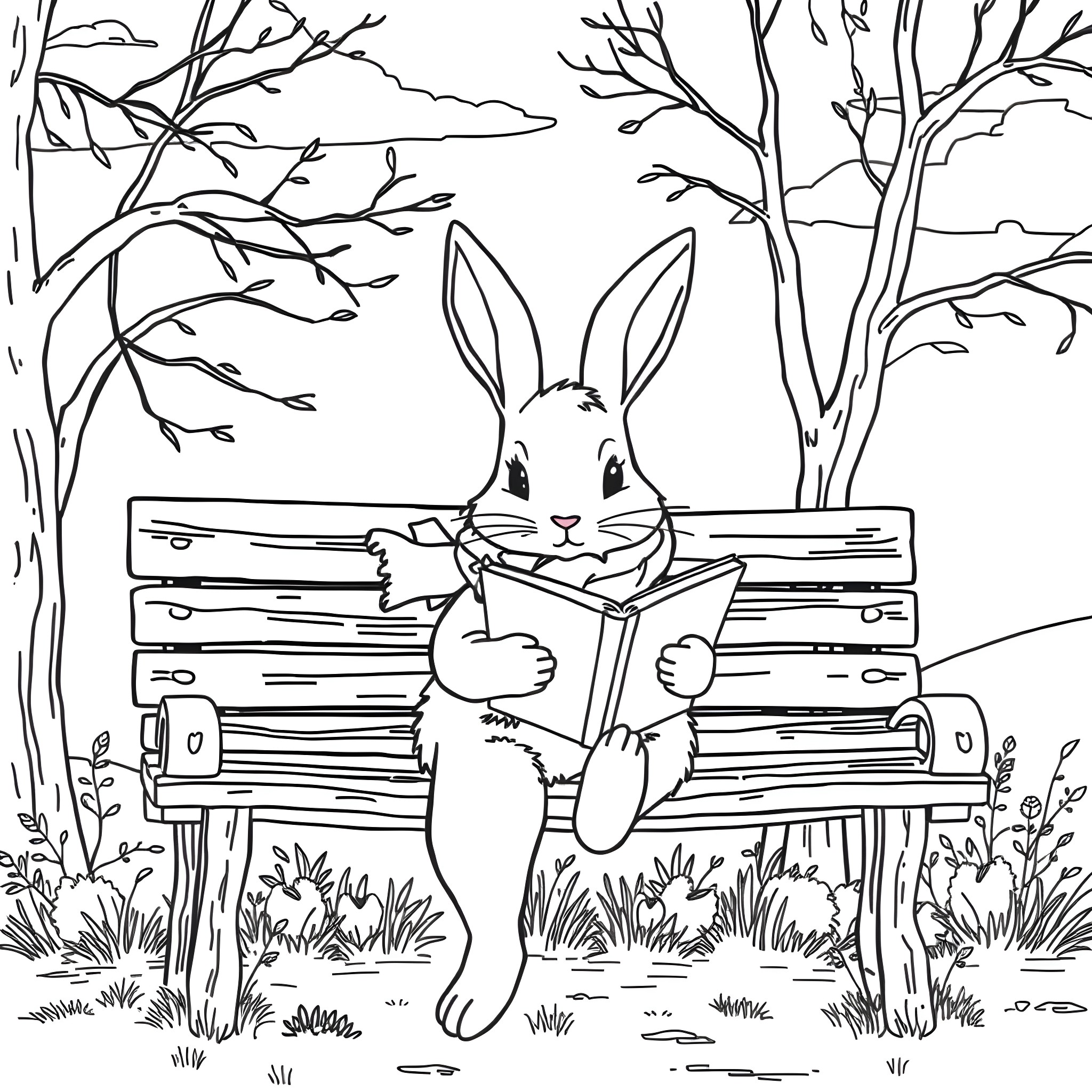 Bunny reading a book on a park bench Coloring Page (free black-and-white line drawing printable PDF for all, from beginners to advanced learners, including children, teens, adults, and seniors)
