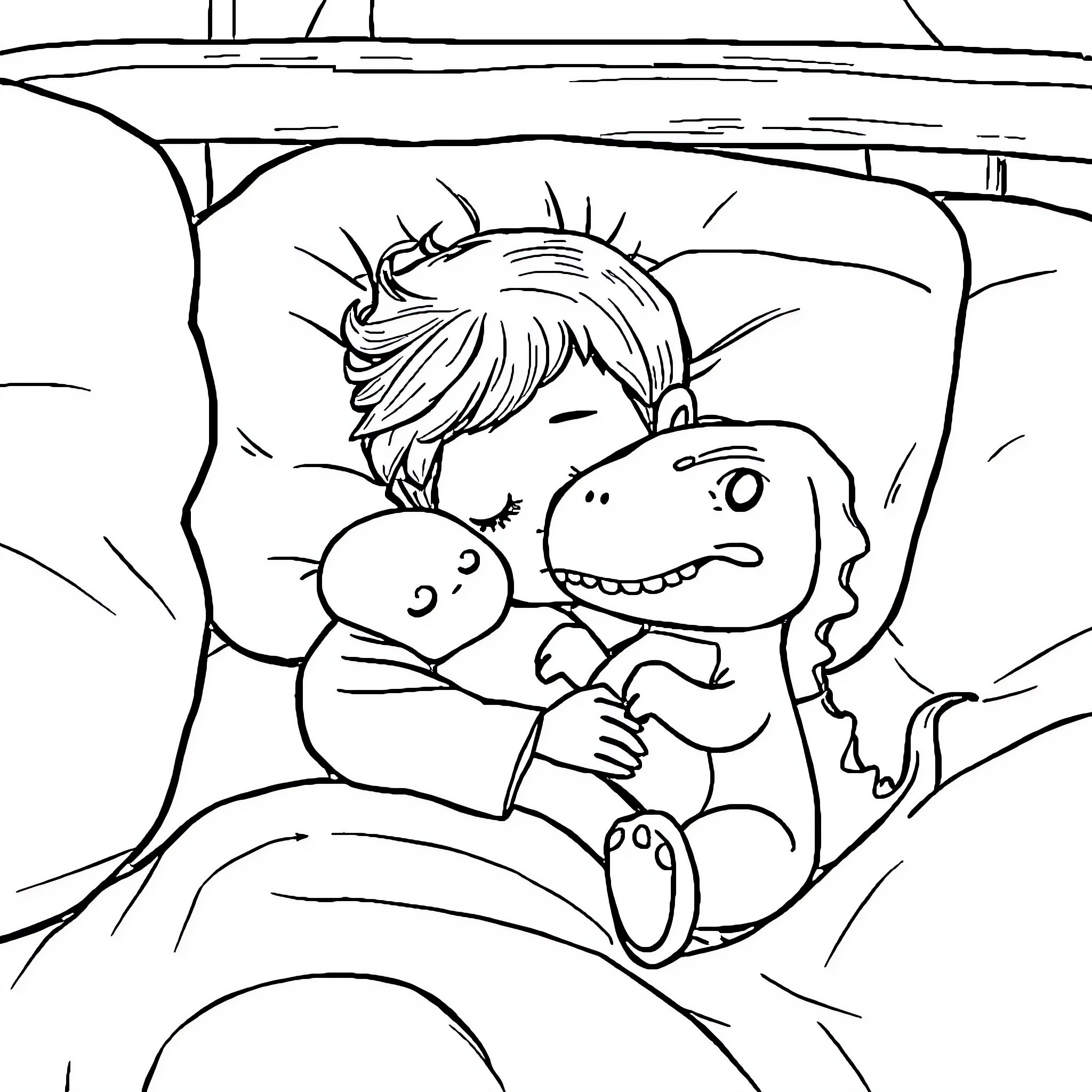 Toddler cuddling with a plush dinosaur toy Coloring Page (free black-and-white line drawing printable PDF for all, from beginners to advanced learners, including children, teens, adults, and seniors)