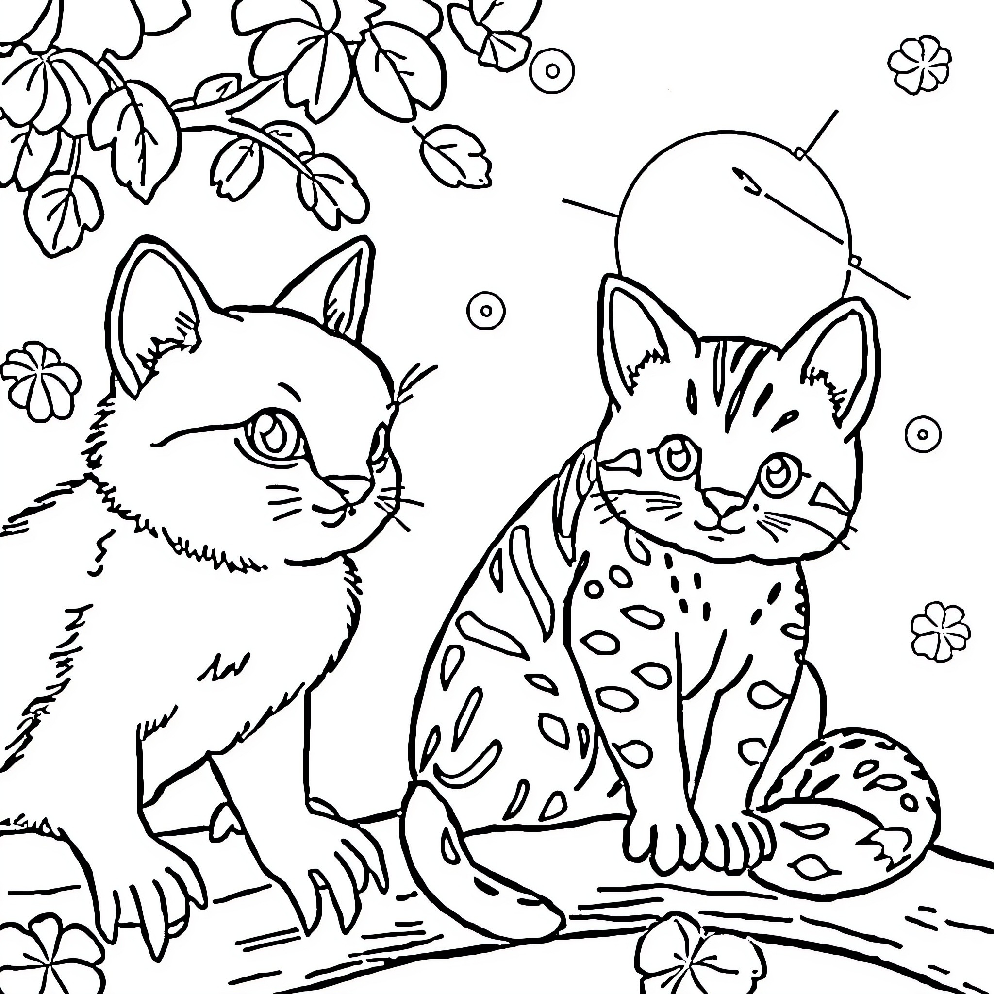 Animal cats in floral nature scene Coloring Page (free black-and-white line drawing printable PDF for all, from beginners to advanced learners, including children, teens, adults, and seniors)