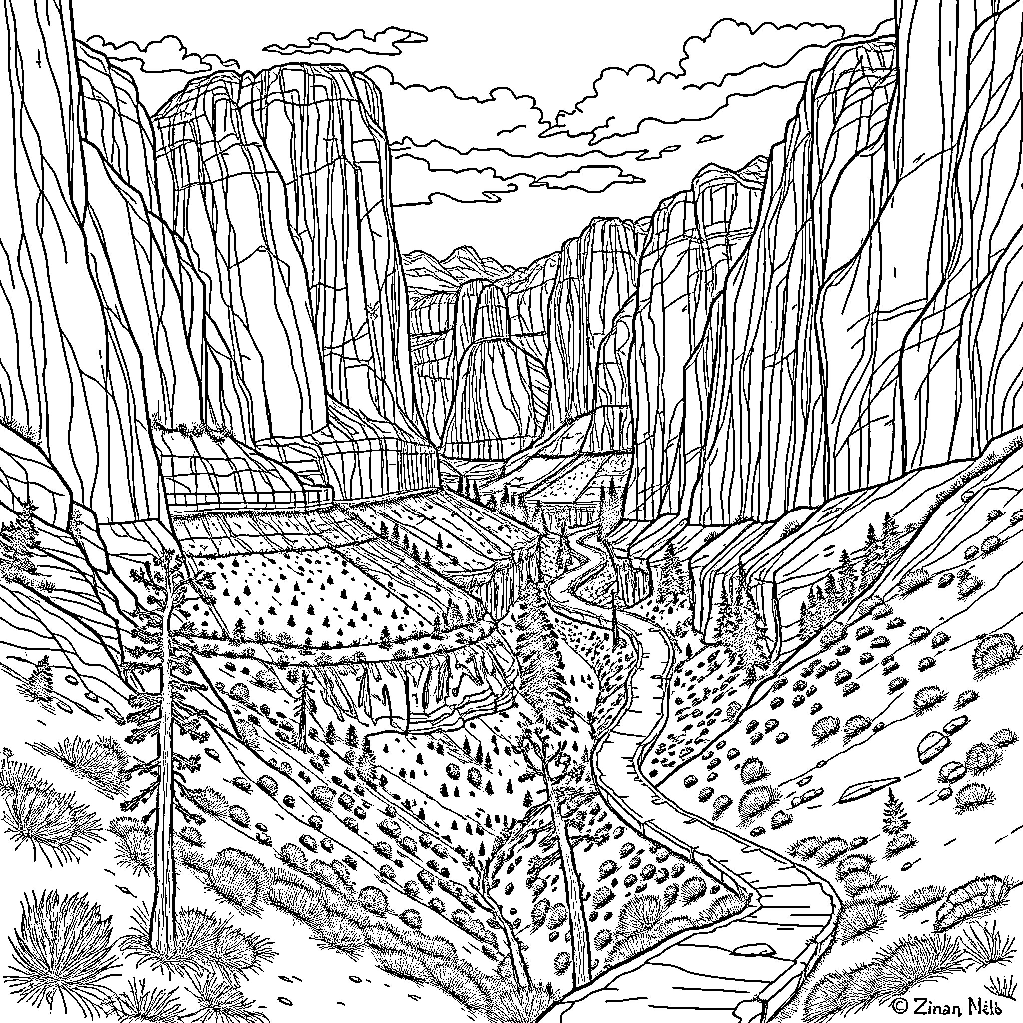 Zion Majestic Cliffs Overlooking Verdant Valley Coloring Page (free black-and-white line drawing printable PDF for all, from beginners to advanced learners, including children, teens, adults, and seniors)