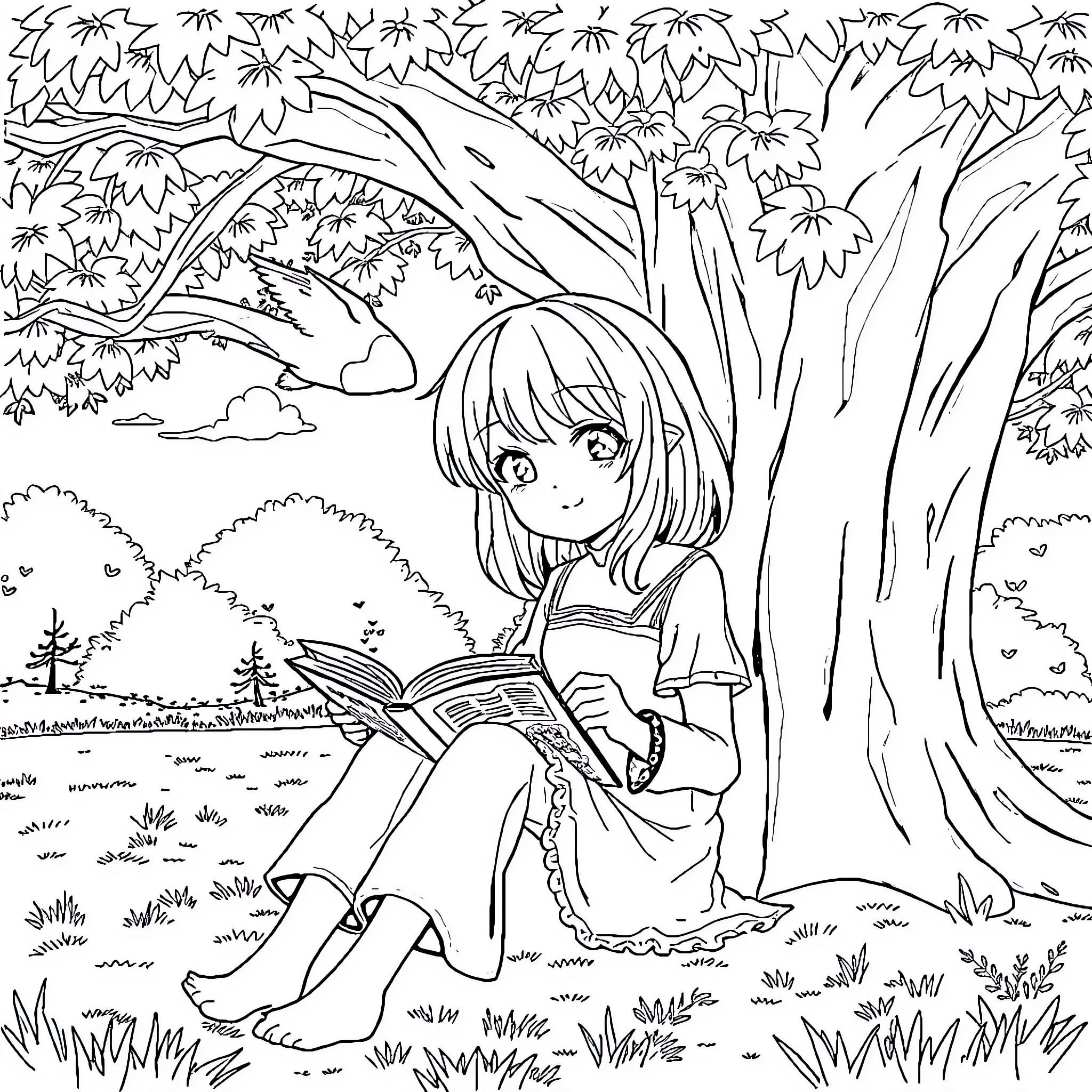 Anime Girl Reading a Book in a Serene Forest Coloring Page (free black-and-white line drawing printable PDF for all, from beginners to advanced learners, including children, teens, adults, and seniors)