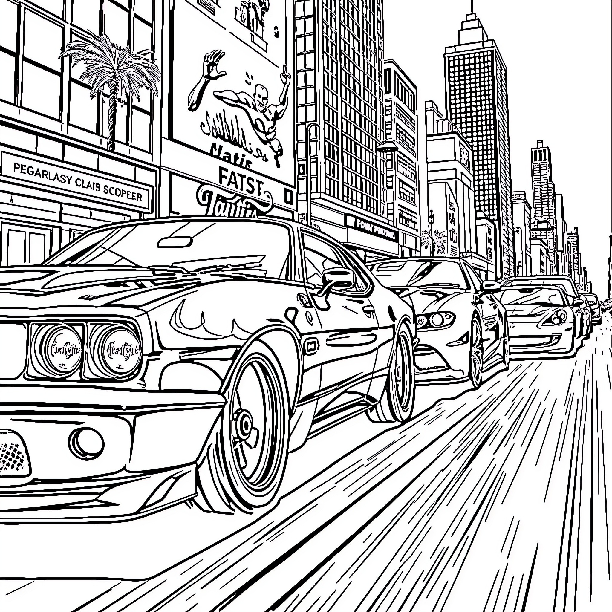 Cars racing on a busy city street Coloring Page (free black-and-white line drawing printable PDF for all, from beginners to advanced learners, including children, teens, adults, and seniors)