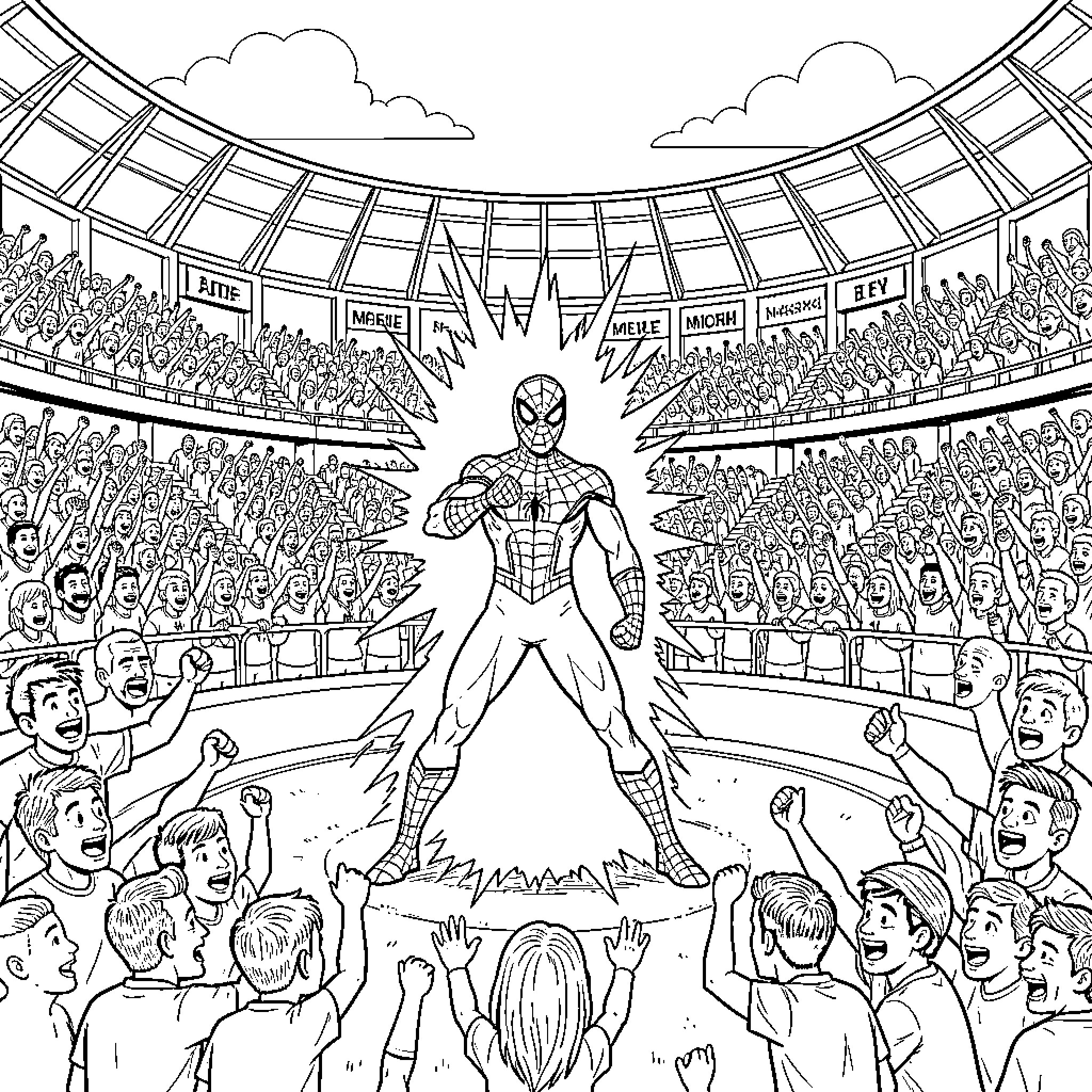 Spiderman posing heroically in a crowded stadium Coloring Page (free black-and-white line drawing printable PDF for all, from beginners to advanced learners, including children, teens, adults, and seniors)