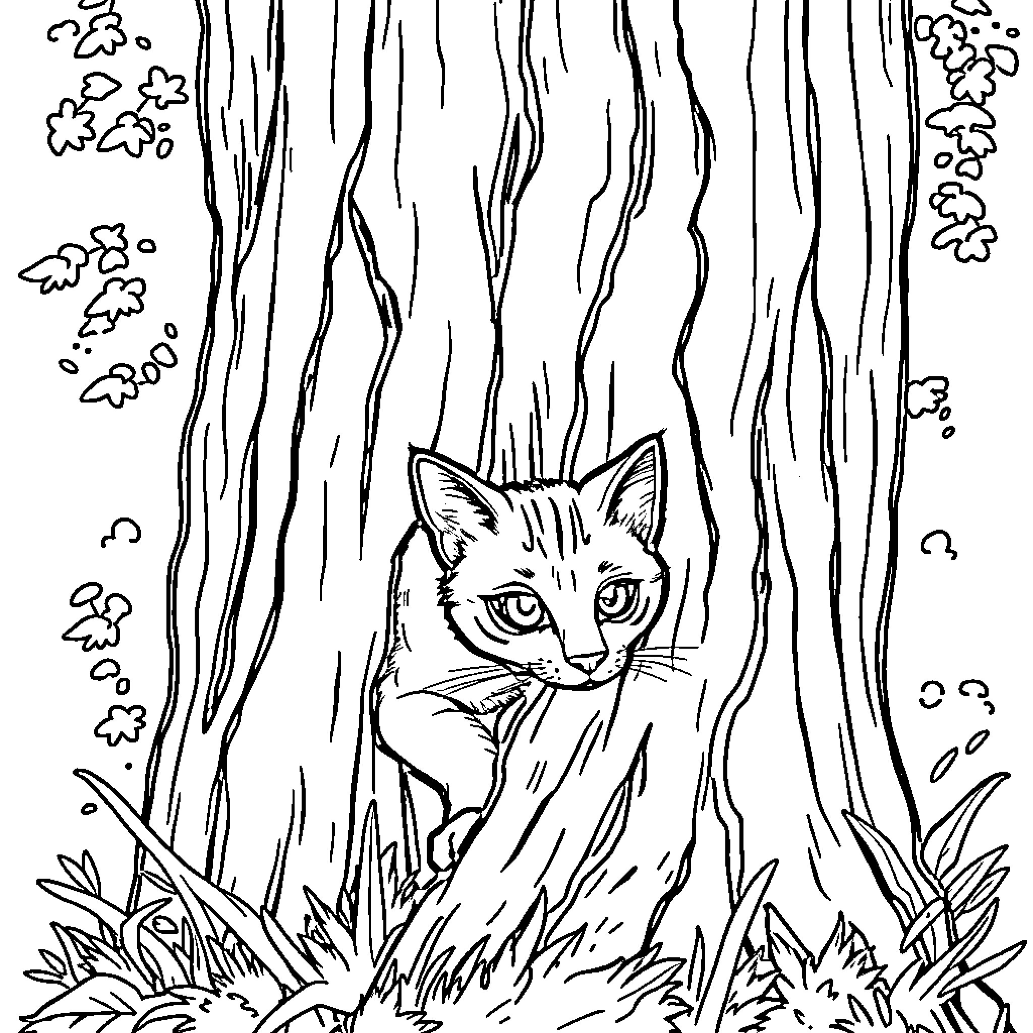 Cat hidden in the forest Coloring Page (free black-and-white line drawing printable PDF for all, from beginners to advanced learners, including children, teens, adults, and seniors)