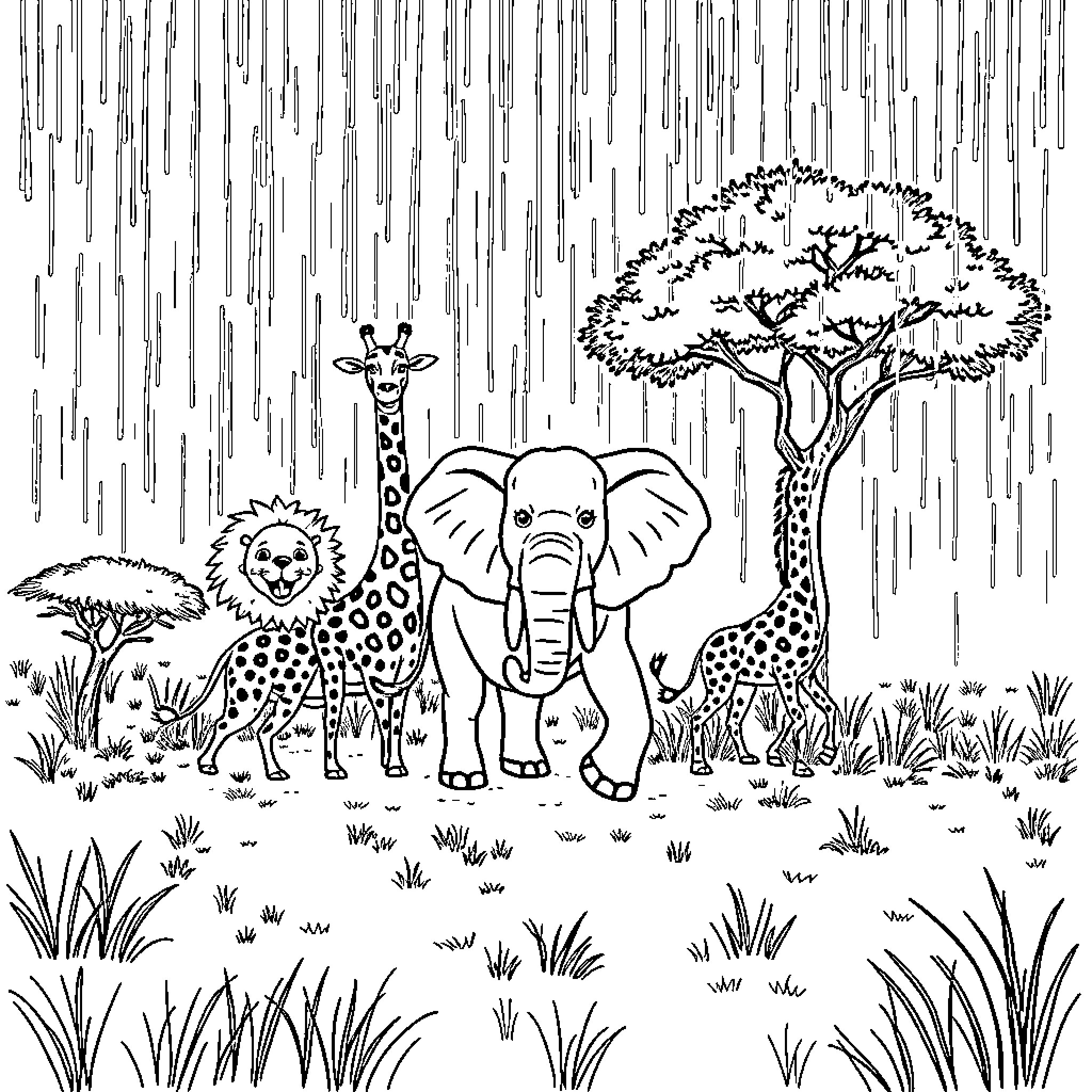 Lion playing with elephants and giraffes in the rain Coloring Page (free black-and-white line drawing printable PDF for all, from beginners to advanced learners, including children, teens, adults, and seniors)