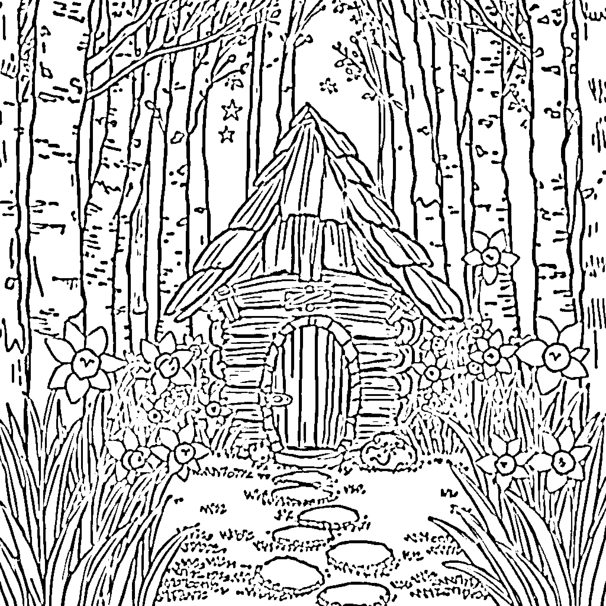 Gnome cottage in the forest with flowers Coloring Page (free black-and-white line drawing printable PDF for all, from beginners to advanced learners, including children, teens, adults, and seniors)