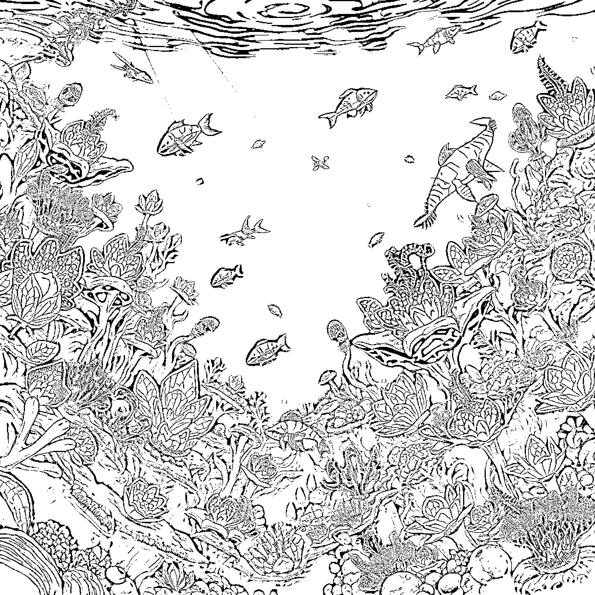 Alien Reef: Underwater Wonderland of Marine Life Coloring Page (free black-and-white line drawing printable PDF for all, from beginners to advanced learners, including children, teens, adults, and seniors)