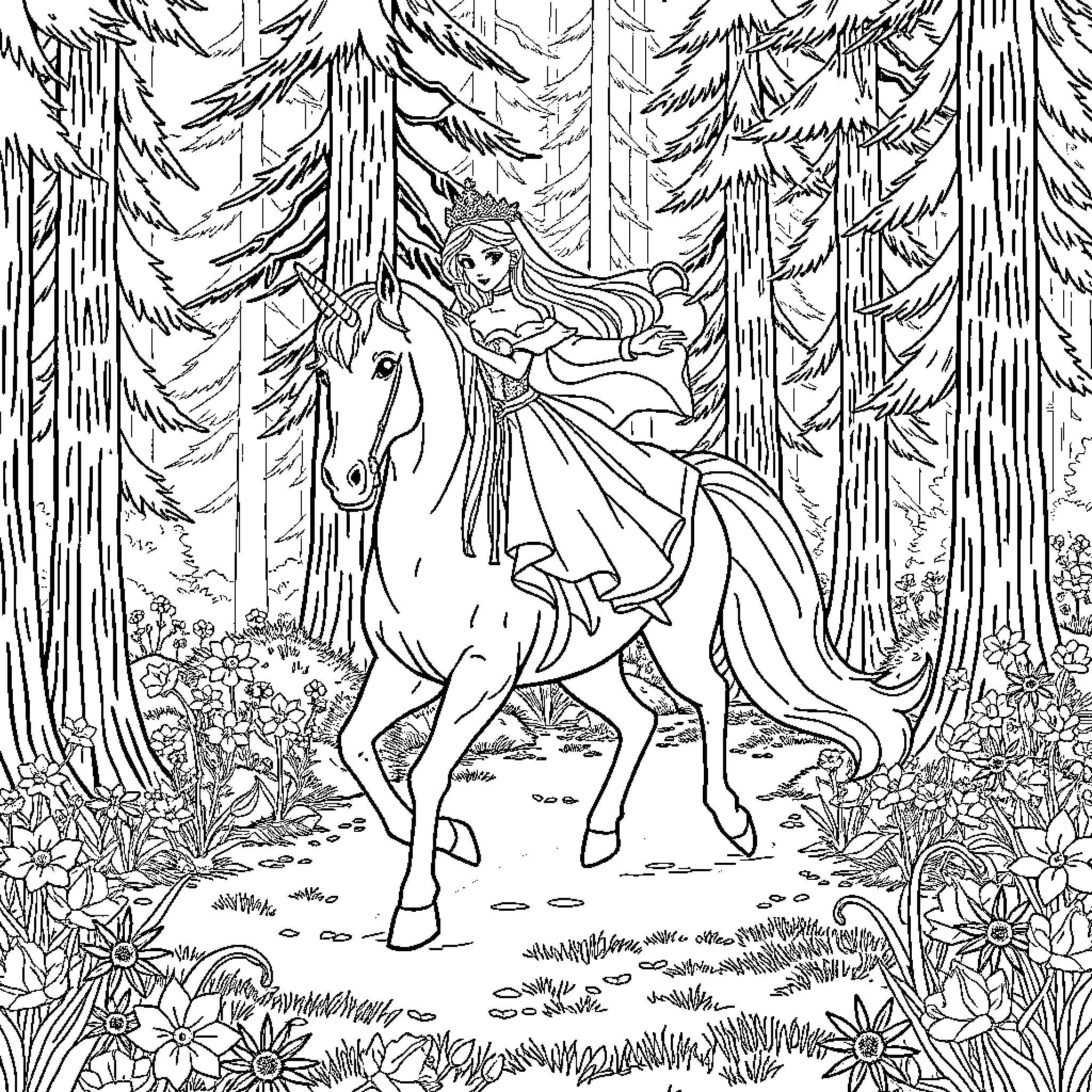 Princess Riding Majestic Horse through Enchanted Forest Coloring Page (free black-and-white line drawing printable PDF for all, from beginners to advanced learners, including children, teens, adults, and seniors)