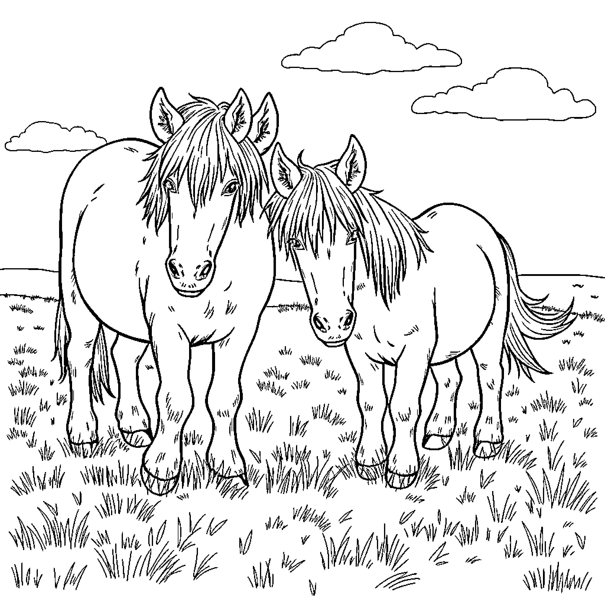Shetland Ponies Grazing in the Meadow Coloring Page (free black-and-white line drawing printable PDF for all, from beginners to advanced learners, including children, teens, adults, and seniors)