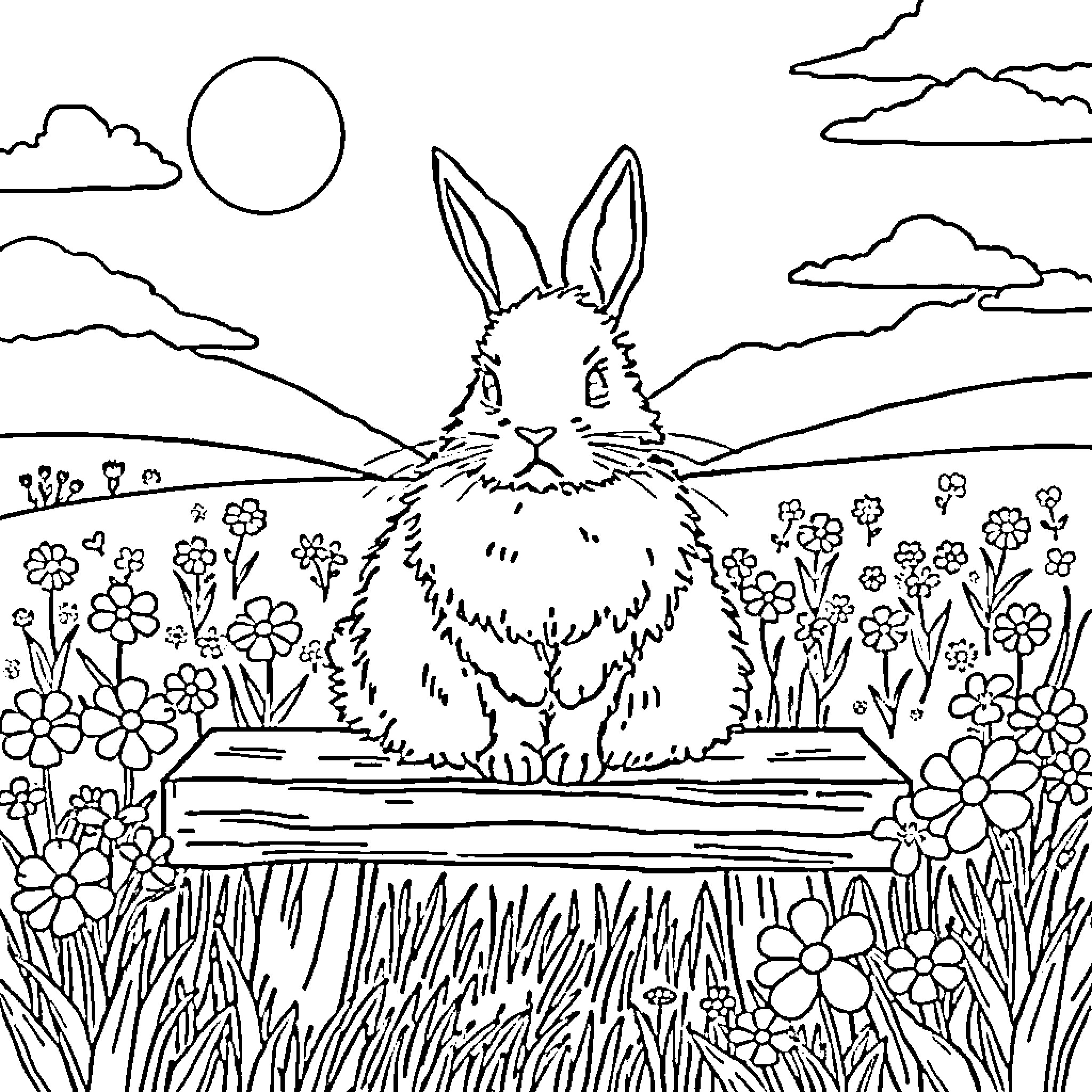 Bunny enjoying the outdoors amid flowers and nature Coloring Page (free black-and-white line drawing printable PDF for all, from beginners to advanced learners, including children, teens, adults, and seniors)