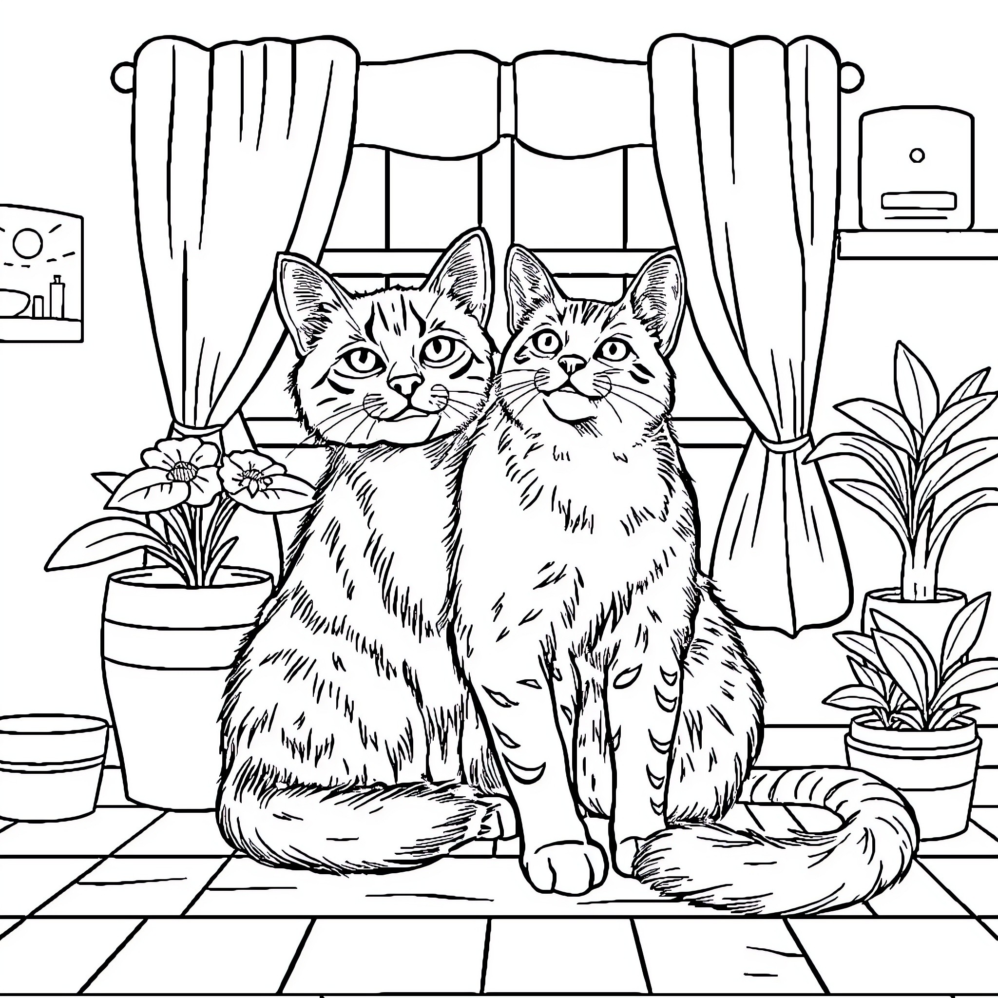 Pet cats relaxing in a cozy indoor setting Coloring Page (free black-and-white line drawing printable PDF for all, from beginners to advanced learners, including children, teens, adults, and seniors)