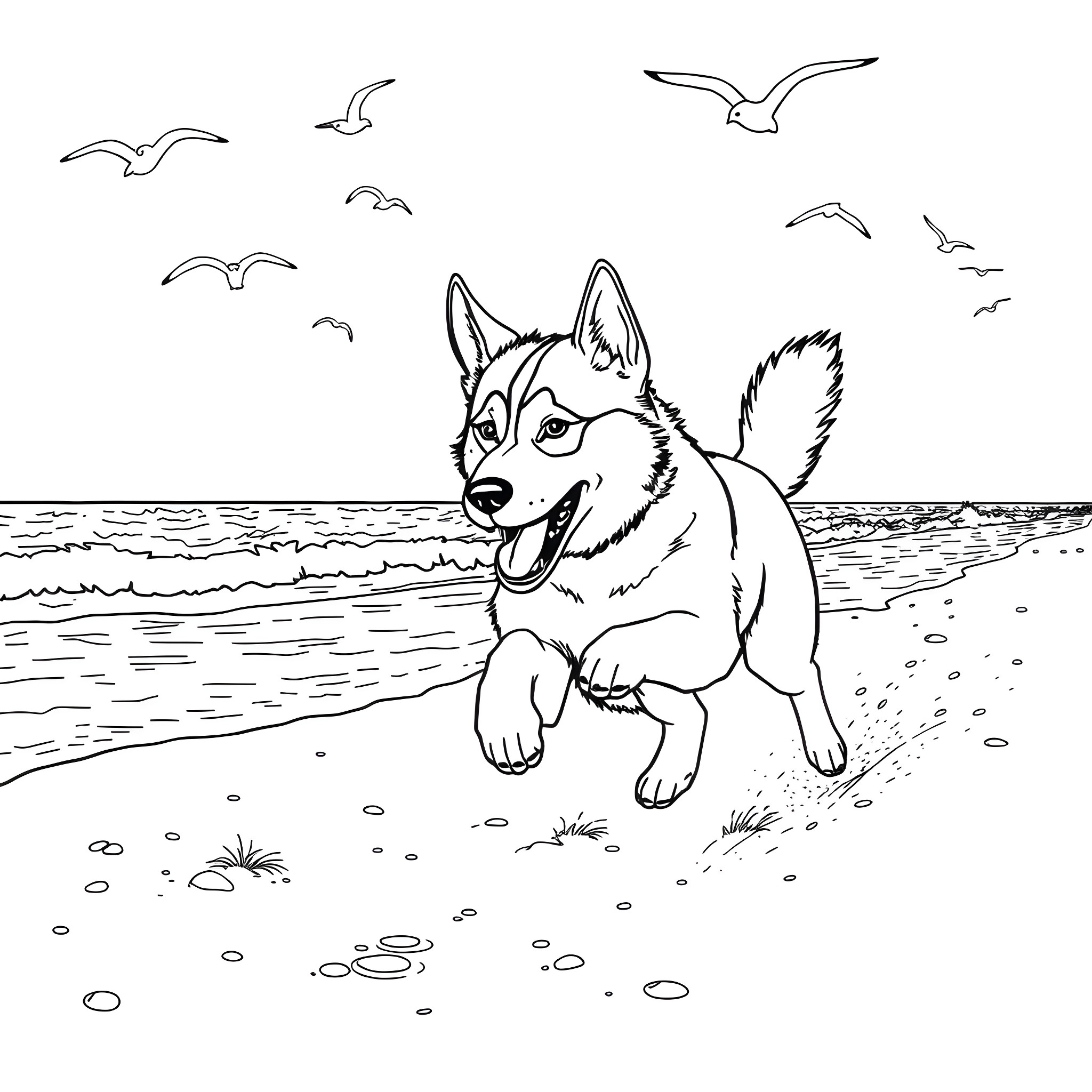 Husky dog playing at the beach Coloring Page (free black-and-white line drawing printable PDF for all, from beginners to advanced learners, including children, teens, adults, and seniors)