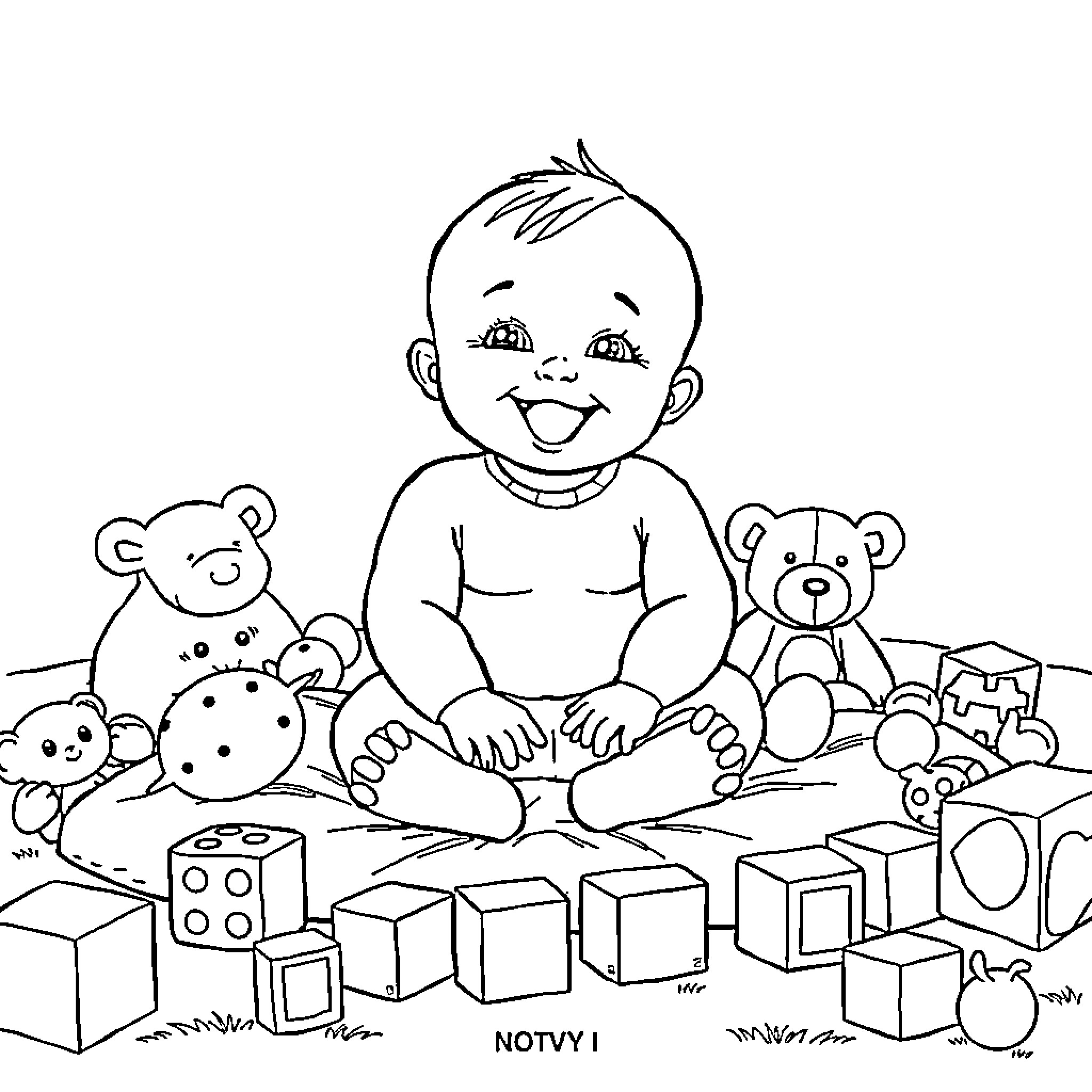 Baby playing happily with toys on the floor Coloring Page (free black-and-white line drawing printable PDF for all, from beginners to advanced learners, including children, teens, adults, and seniors)
