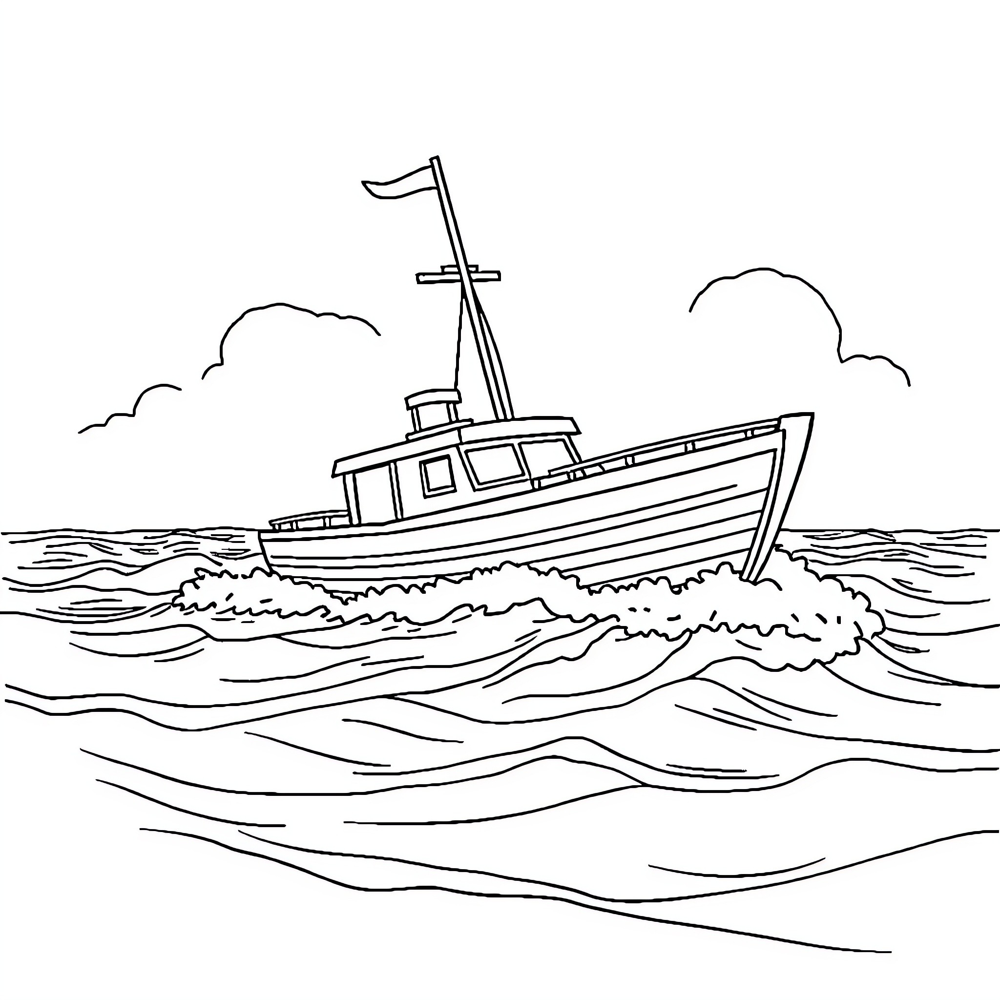 Ship sailing on stormy waves Coloring Page (free black-and-white line drawing printable PDF for all, from beginners to advanced learners, including children, teens, adults, and seniors)