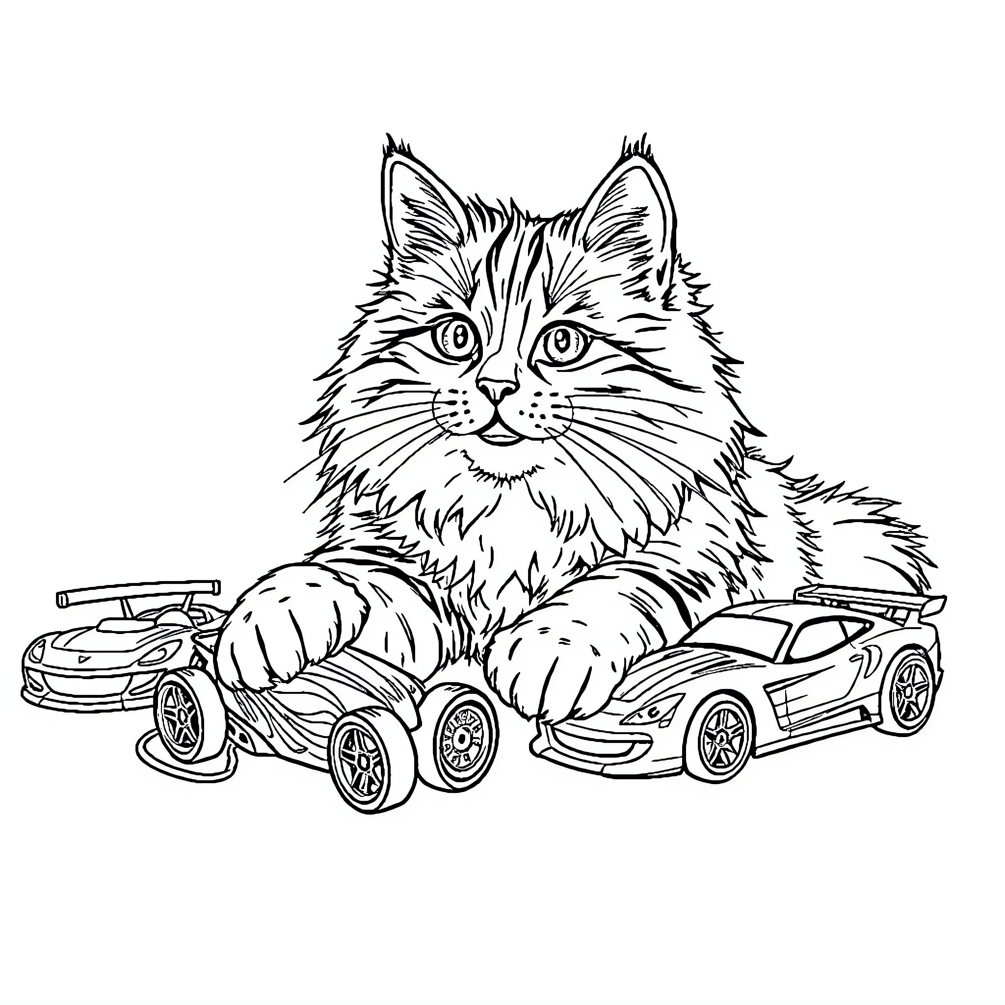 Maine Coon Cat Playing with Toy Cars Coloring Page (free black-and-white line drawing printable PDF for all, from beginners to advanced learners, including children, teens, adults, and seniors)