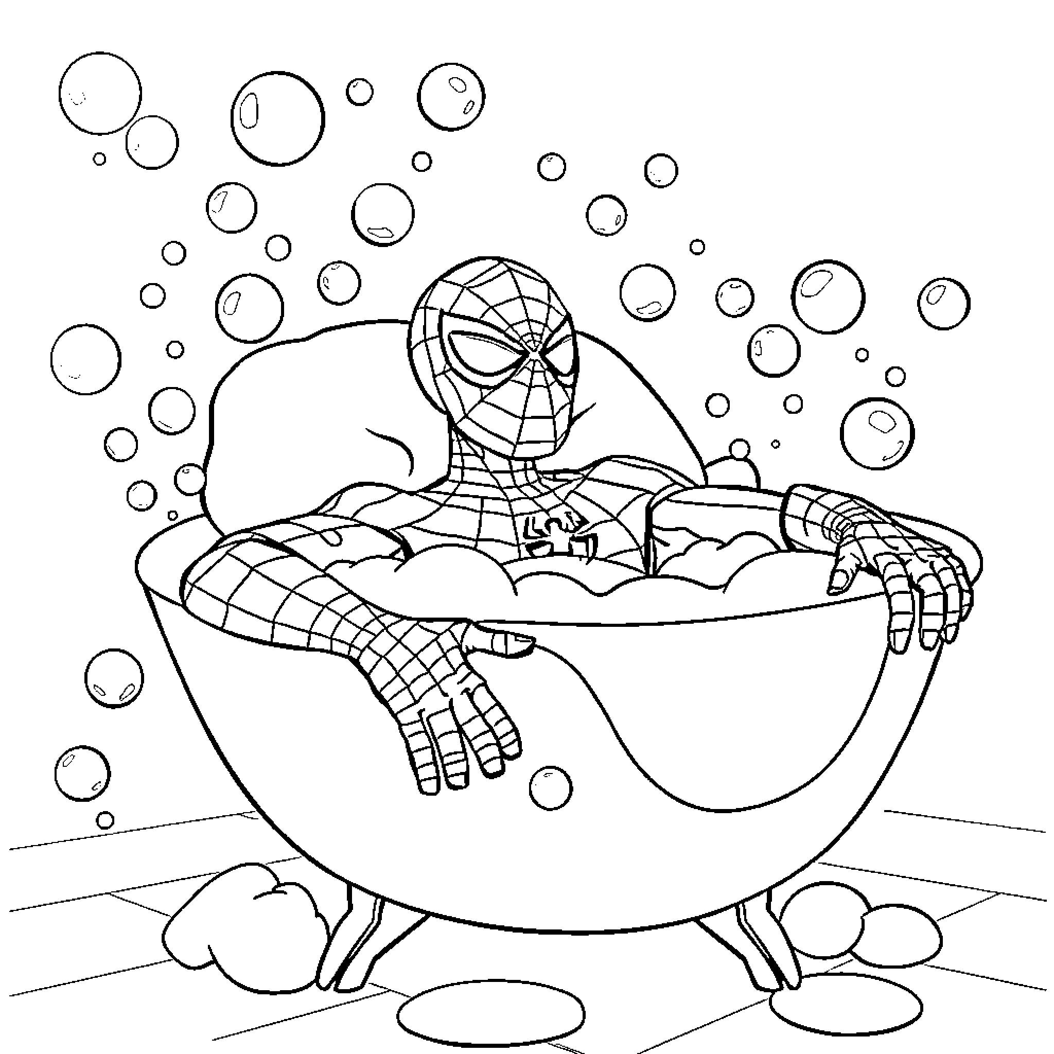 Spider-Man relaxing in a bubble bath Coloring Page (free black-and-white line drawing printable PDF for all, from beginners to advanced learners, including children, teens, adults, and seniors)