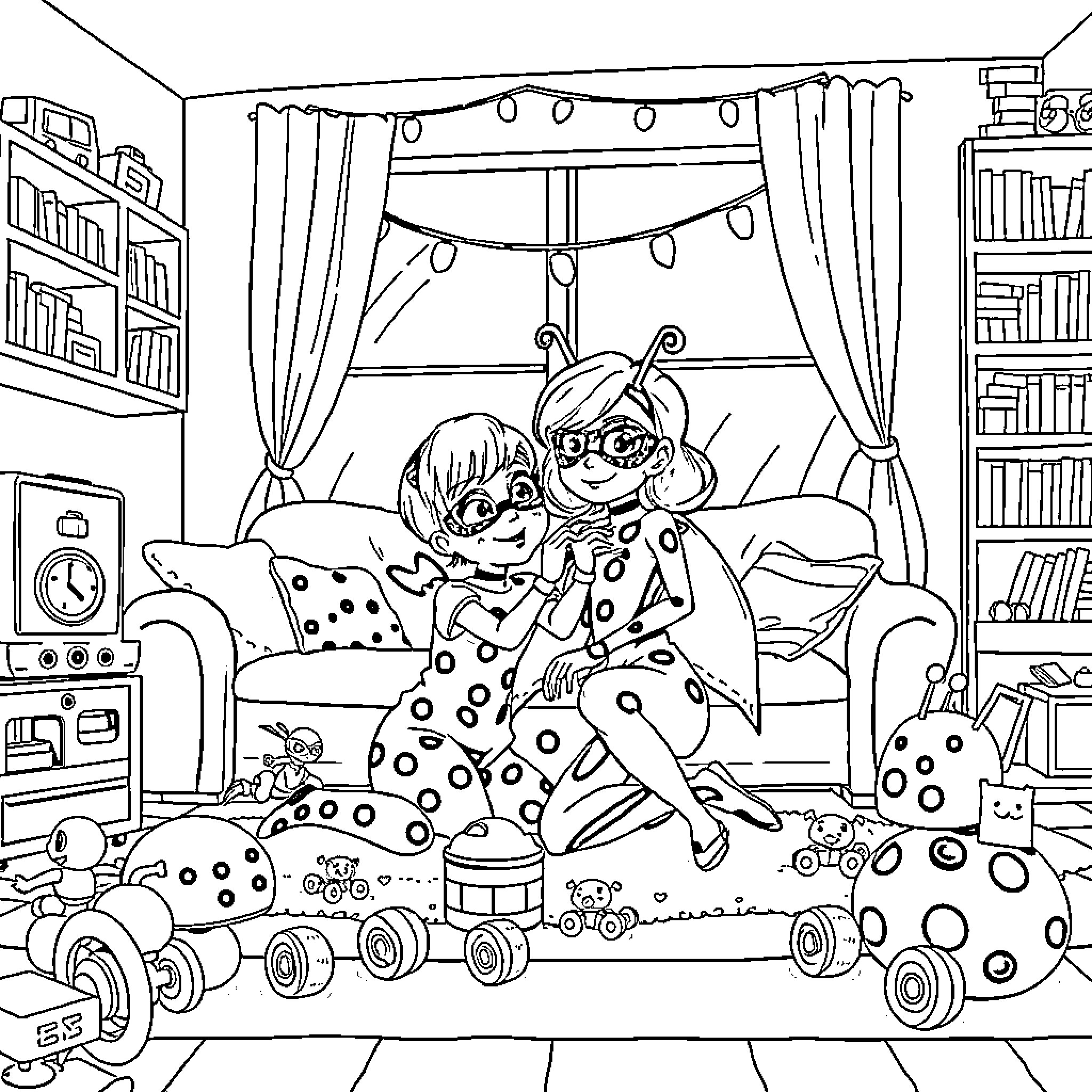 Ladybug friends playing joyfully in a cozy room Coloring Page (free black-and-white line drawing printable PDF for all, from beginners to advanced learners, including children, teens, adults, and seniors)