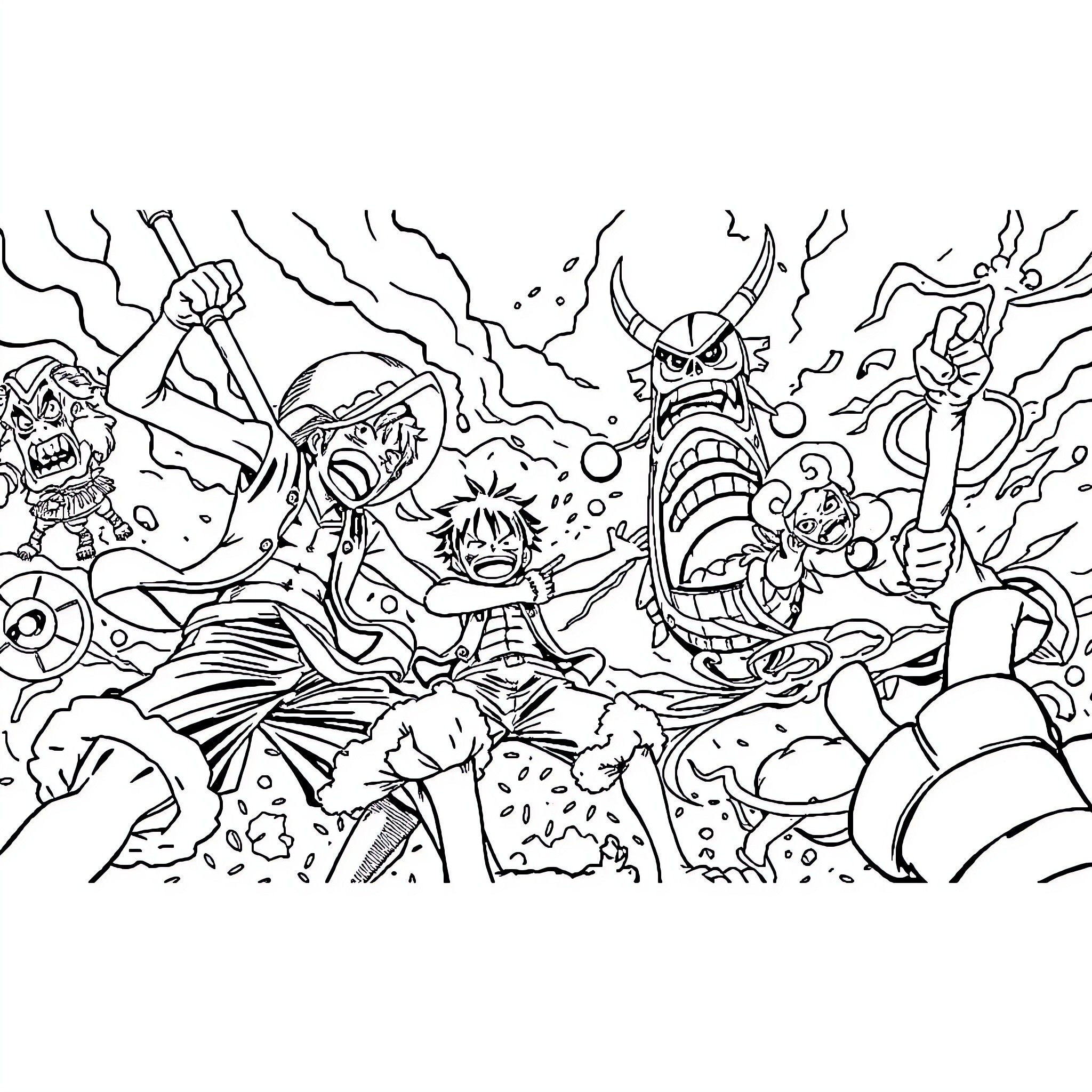 Luffy's Thrilling Adventure with Lively Characters Coloring Page (free black-and-white line drawing printable PDF for all, from beginners to advanced learners, including children, teens, adults, and seniors)