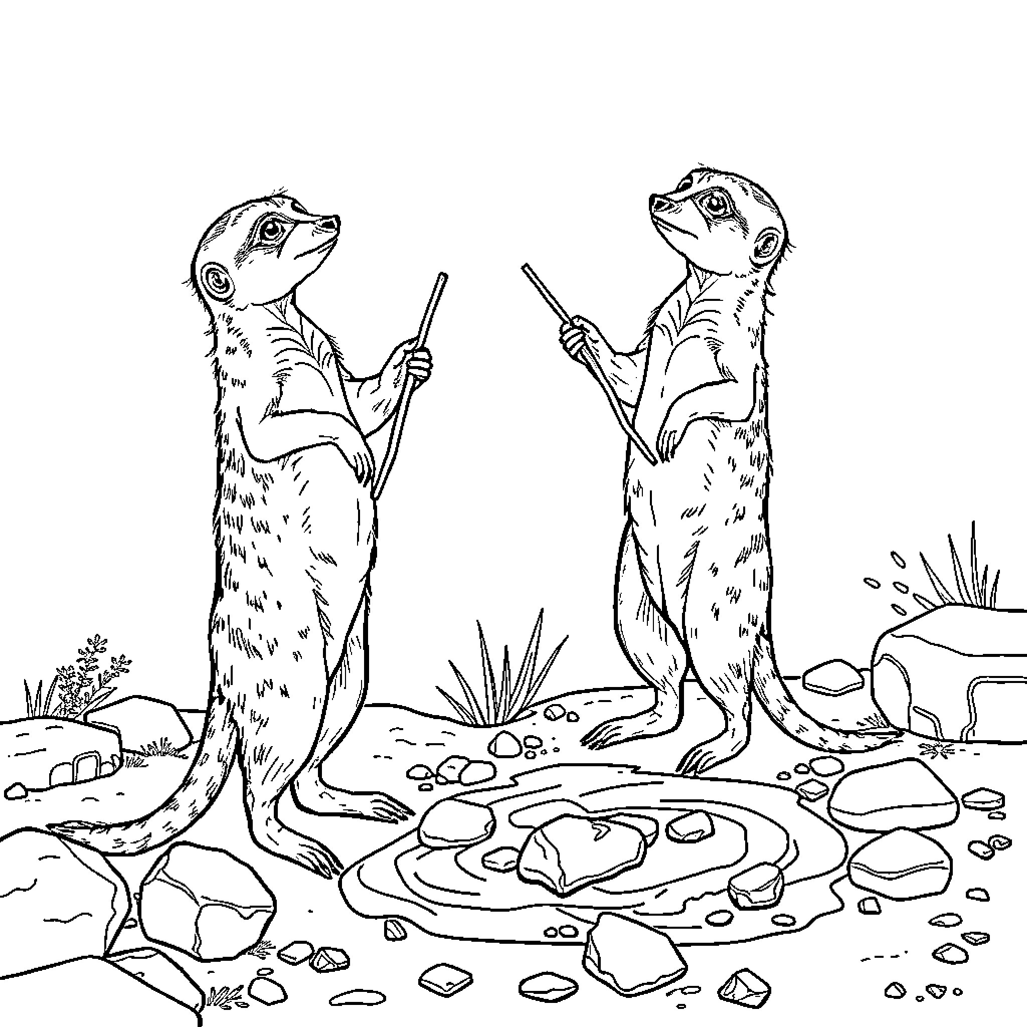 Meerkats standing guard in the desert Coloring Page (free black-and-white line drawing printable PDF for all, from beginners to advanced learners, including children, teens, adults, and seniors)