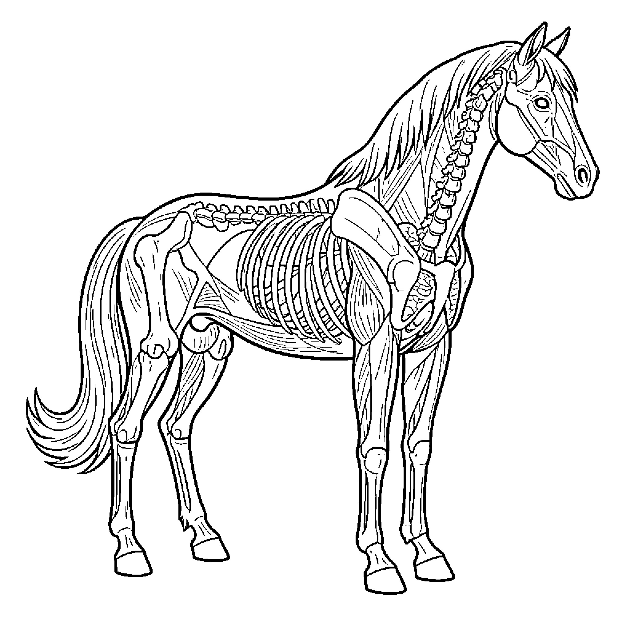 Horse displaying its internal muscular and skeletal structure Coloring Page (free black-and-white line drawing printable PDF for all, from beginners to advanced learners, including children, teens, adults, and seniors)