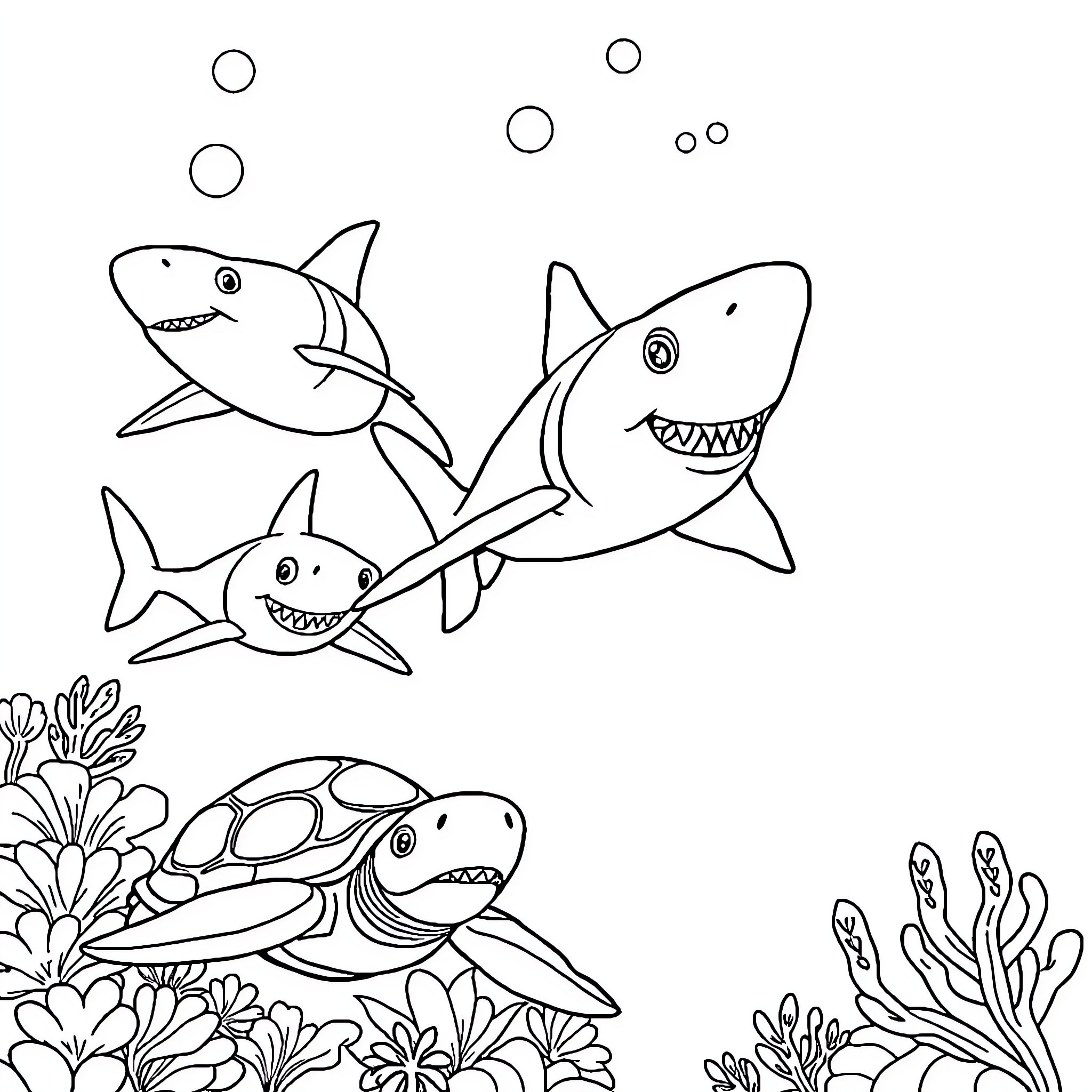 Shark Family Swimming Joyfully with Seabed Scenery Coloring Page (free black-and-white line drawing printable PDF for all, from beginners to advanced learners, including children, teens, adults, and seniors)