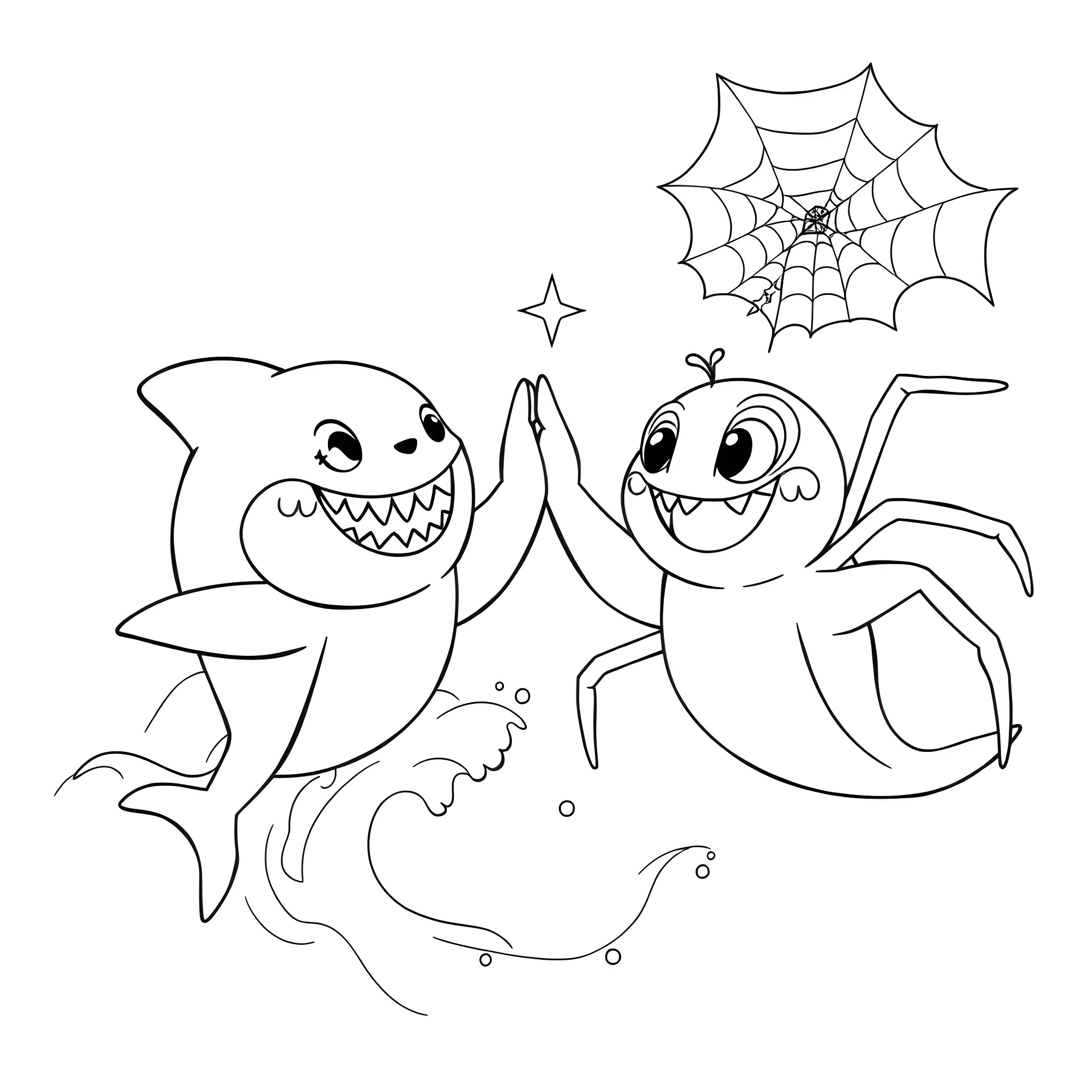 Shark friends playing in the ocean Coloring Page (free black-and-white line drawing printable PDF for all, from beginners to advanced learners, including children, teens, adults, and seniors)